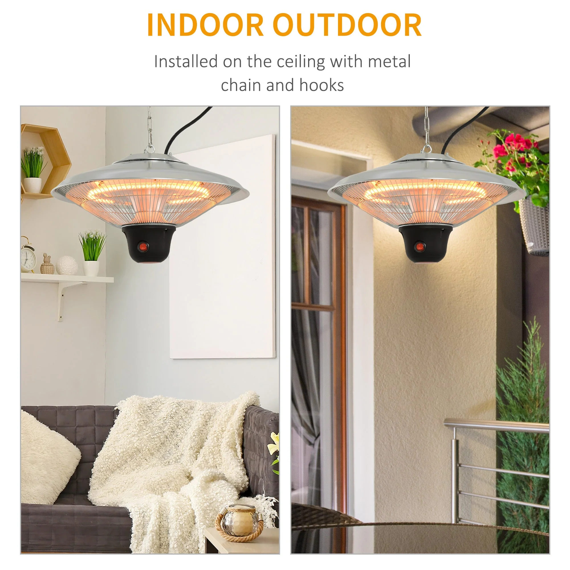 1500W Patio Heater Outdoor Ceiling Mounted Aluminium Halogen Electric Hanging Heating Light with Remote Control and 3 Heat Settings - Image 7