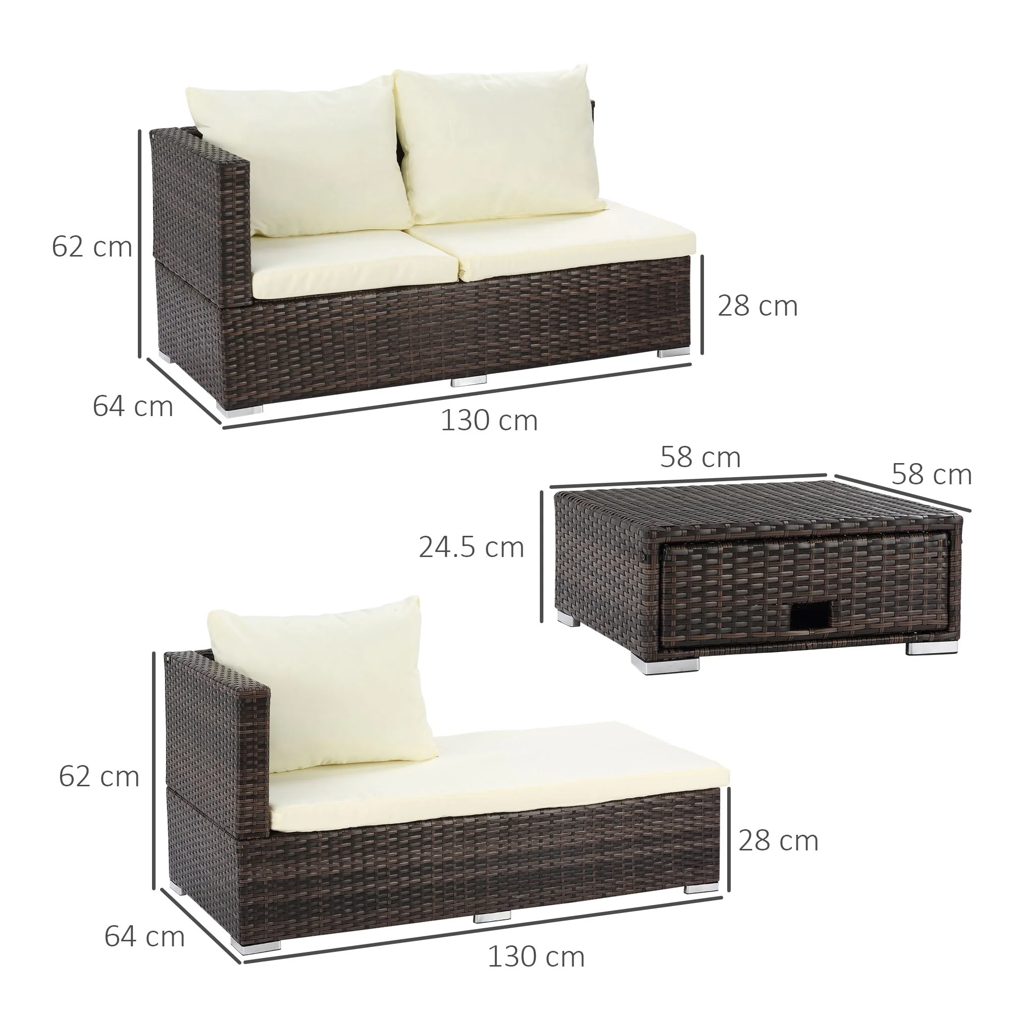 3-Piece Rattan Garden Furniture Storage Sofa Set 4 Seater Wicker Coffee Table Conservatory Sun Lounger Reclining Set Outdoor Weave with Cushion Brown - Image 3