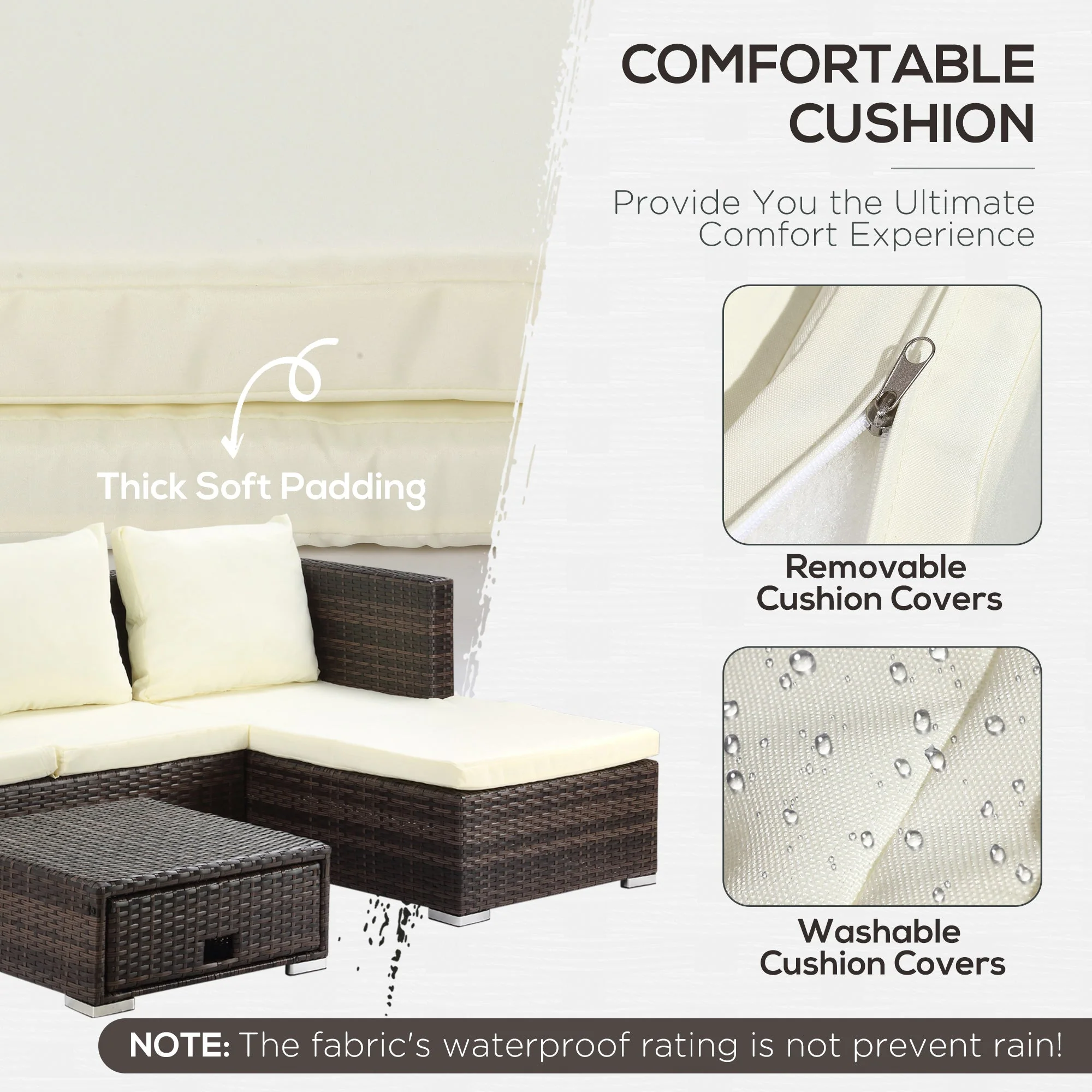 3-Piece Rattan Garden Furniture Storage Sofa Set 4 Seater Wicker Coffee Table Conservatory Sun Lounger Reclining Set Outdoor Weave with Cushion Brown - Image 4