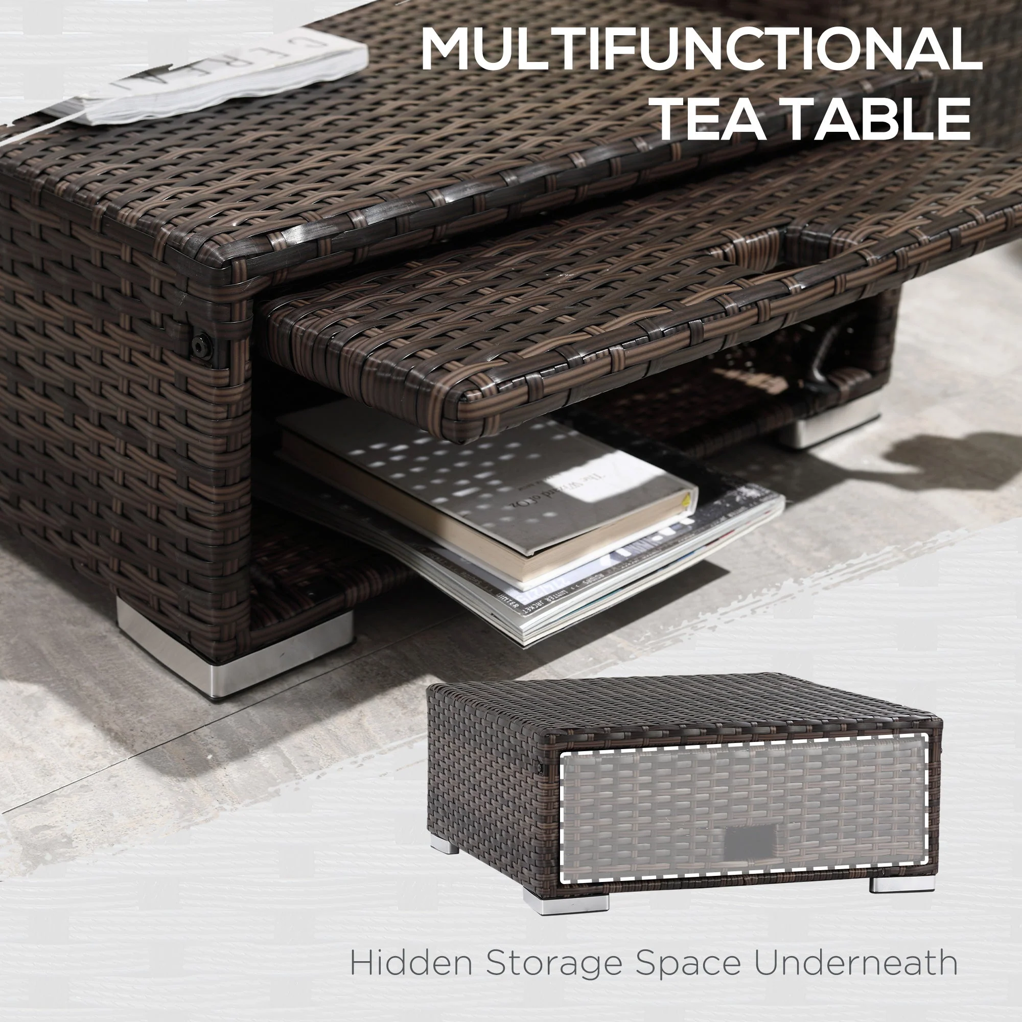 3-Piece Rattan Garden Furniture Storage Sofa Set 4 Seater Wicker Coffee Table Conservatory Sun Lounger Reclining Set Outdoor Weave with Cushion Brown - Image 7