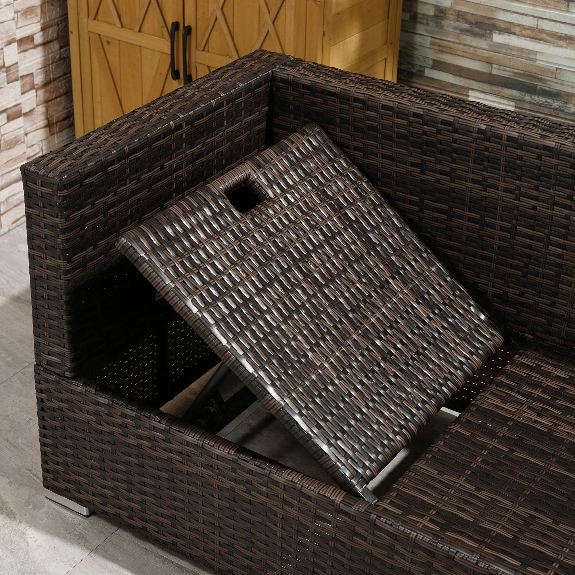 3-Piece Rattan Garden Furniture Storage Sofa Set 4 Seater Wicker Coffee Table Conservatory Sun Lounger Reclining Set Outdoor Weave with Cushion Brown - Image 8