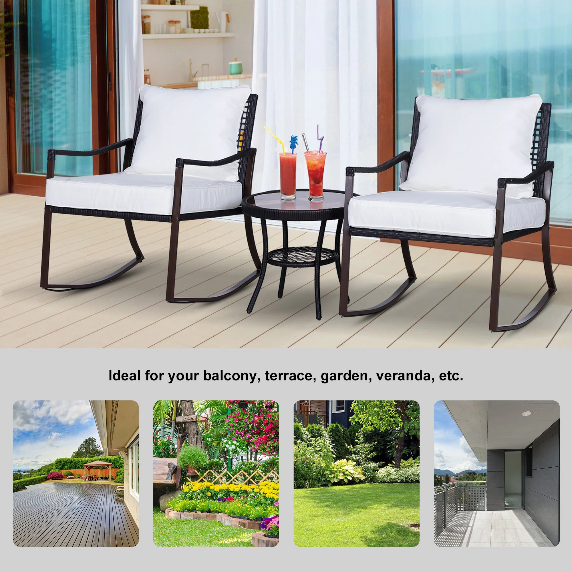 3-Pieces PE Rattan Garden Rocking Chair Set w/ Soft Cushion - Image 4