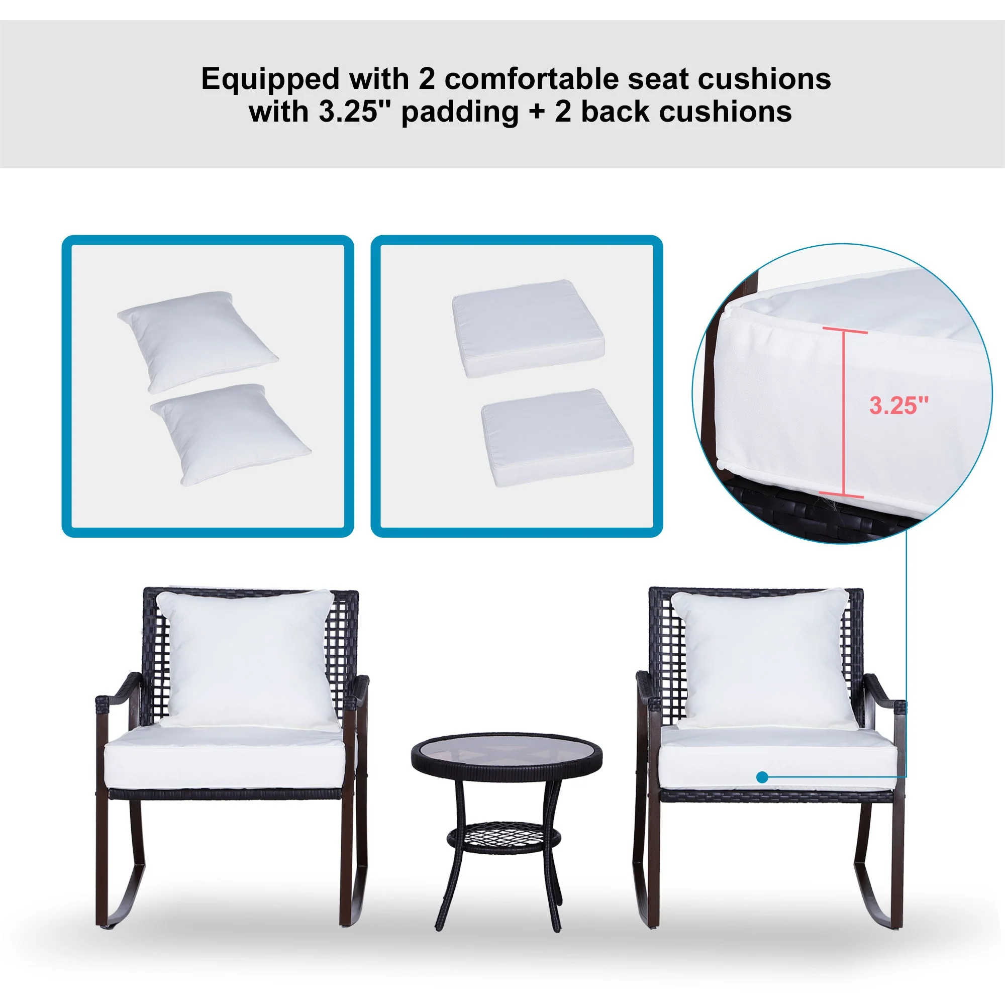 3-Pieces PE Rattan Garden Rocking Chair Set w/ Soft Cushion - Image 6