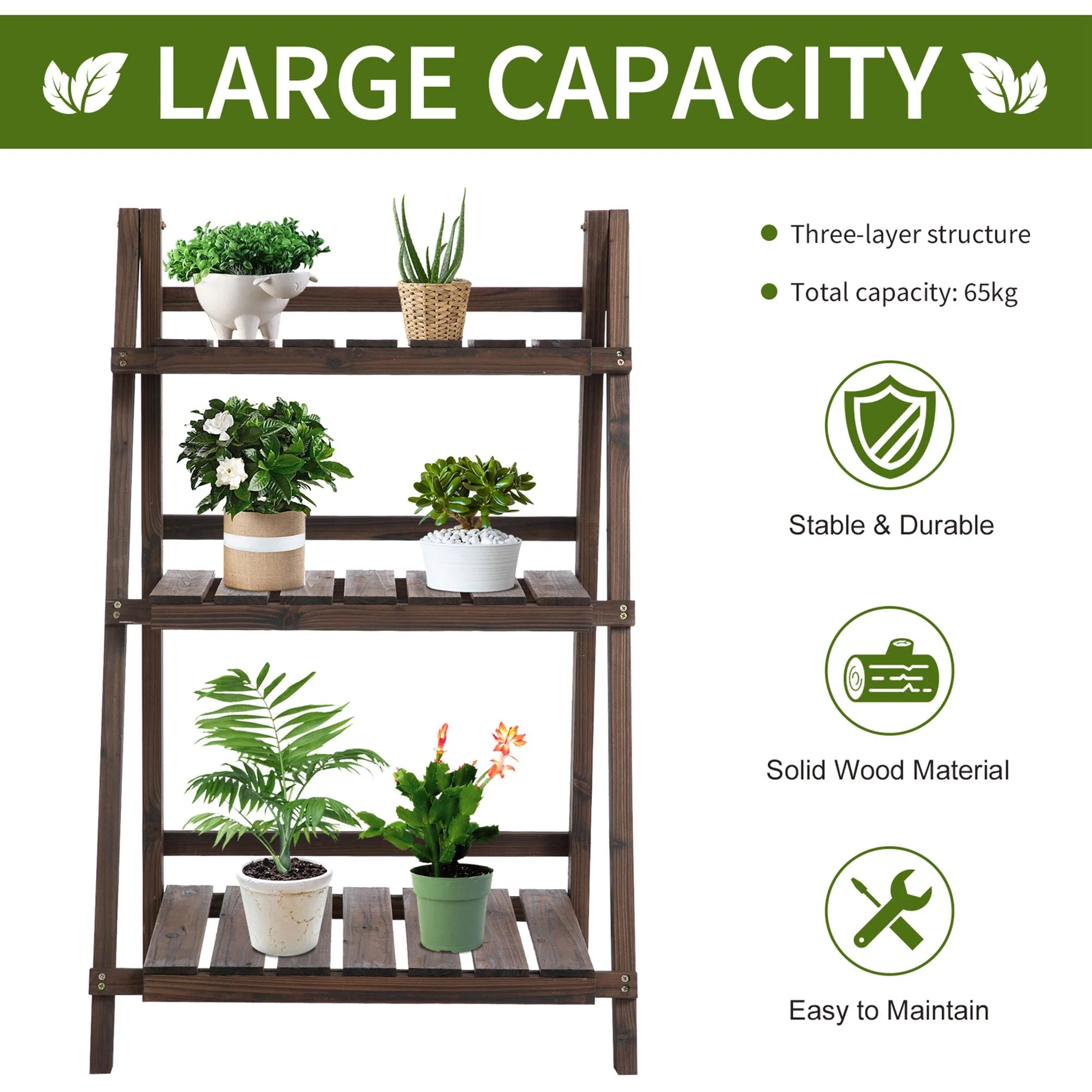 3-Tier Wooden Plant Shelf Foldable Plant Pots Holder Stand Indoor Outdoor 60L x 37W x 93H cm - Image 4