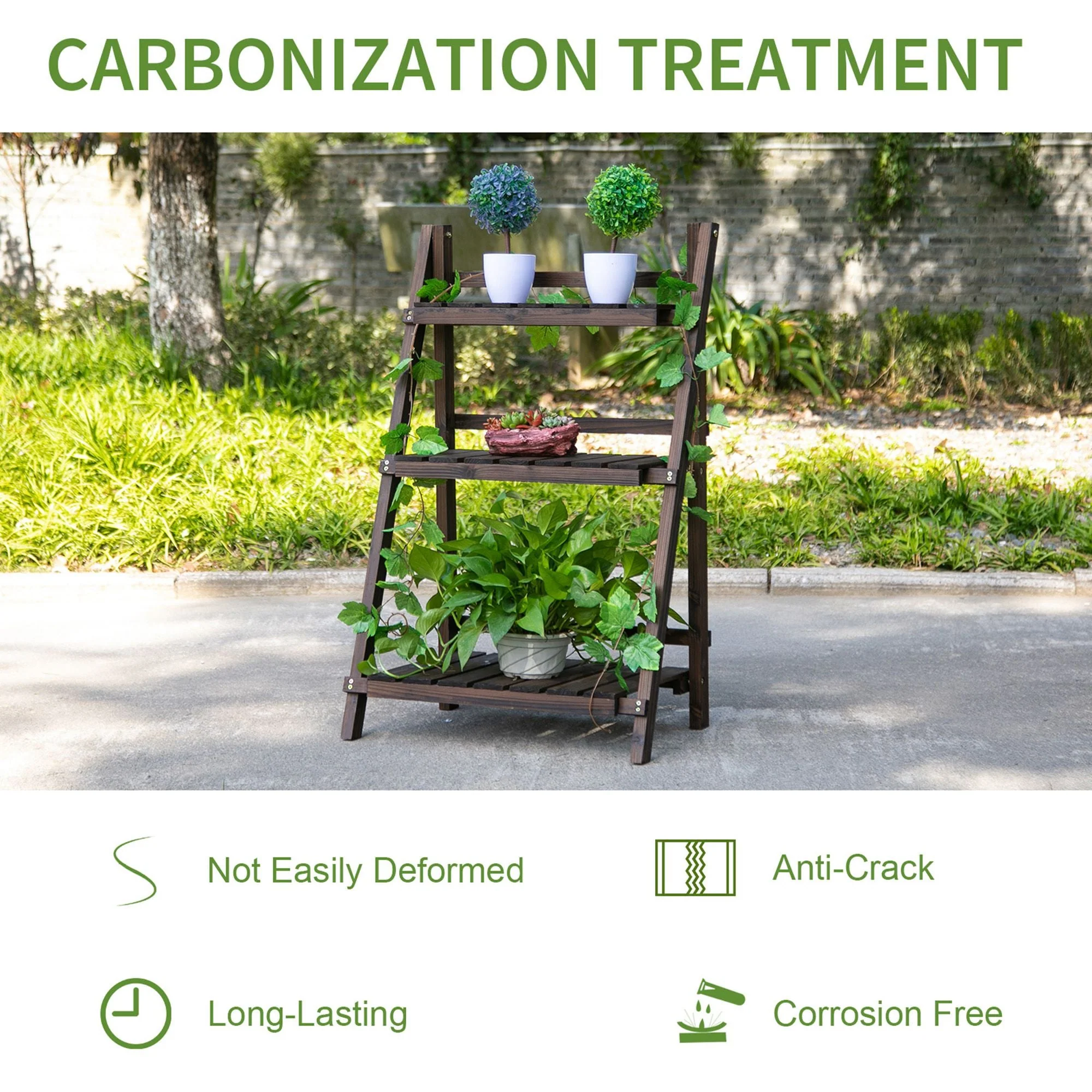 3-Tier Wooden Plant Shelf Foldable Plant Pots Holder Stand Indoor Outdoor 60L x 37W x 93H cm - Image 5