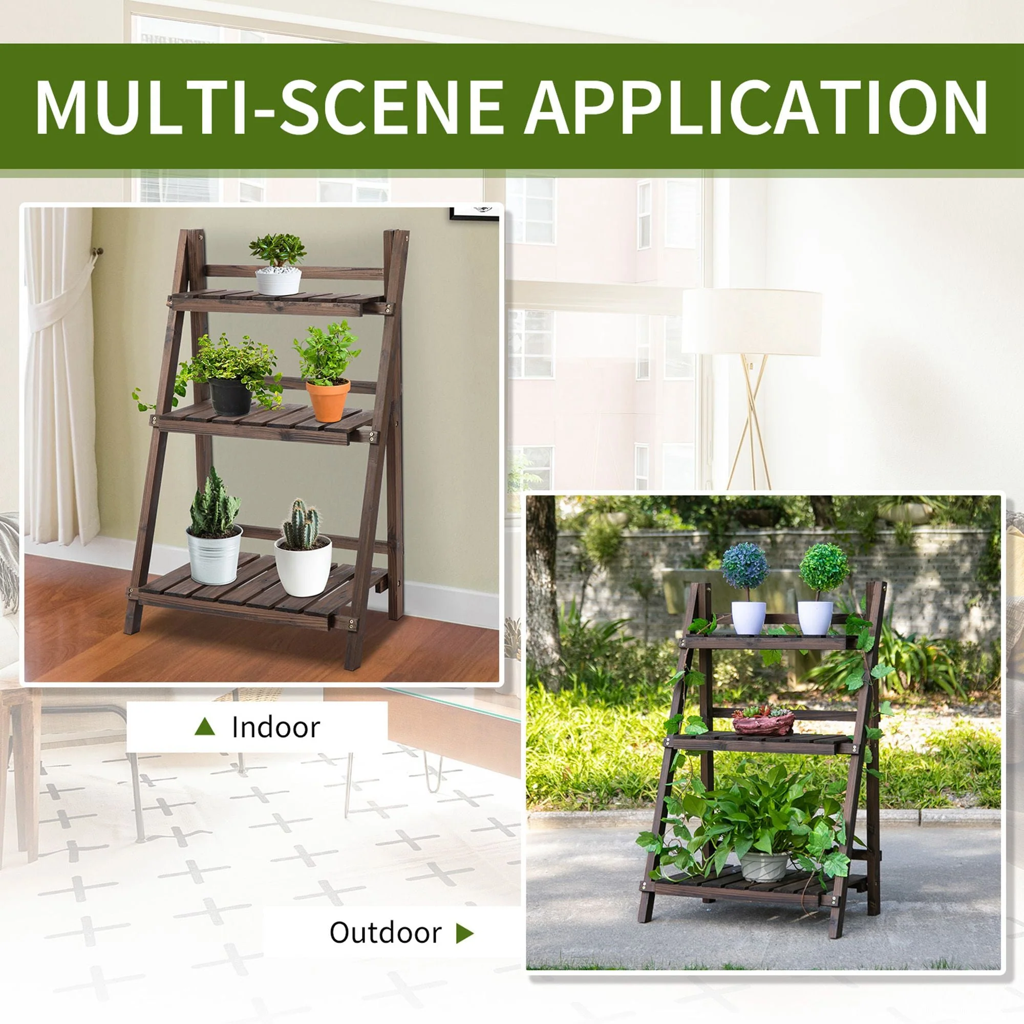 3-Tier Wooden Plant Shelf Foldable Plant Pots Holder Stand Indoor Outdoor 60L x 37W x 93H cm - Image 7