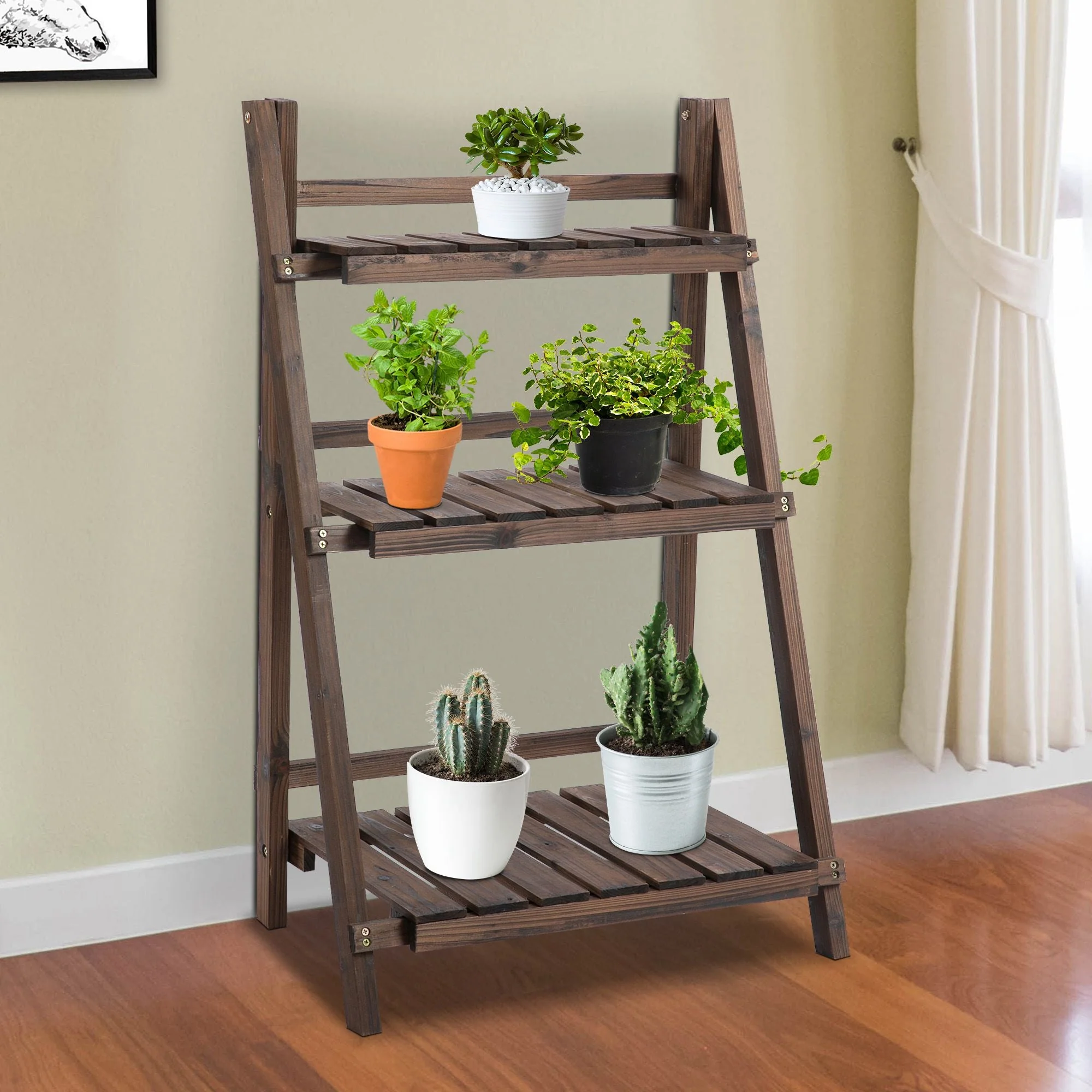 3-Tier Wooden Plant Shelf Foldable Plant Pots Holder Stand Indoor Outdoor 60L x 37W x 93H cm - Image 9