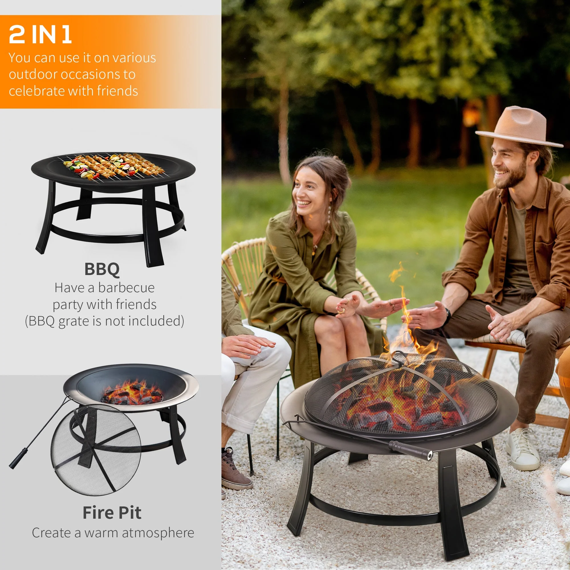 30” Round Metal Fire Pit With Cover-Black - Image 4