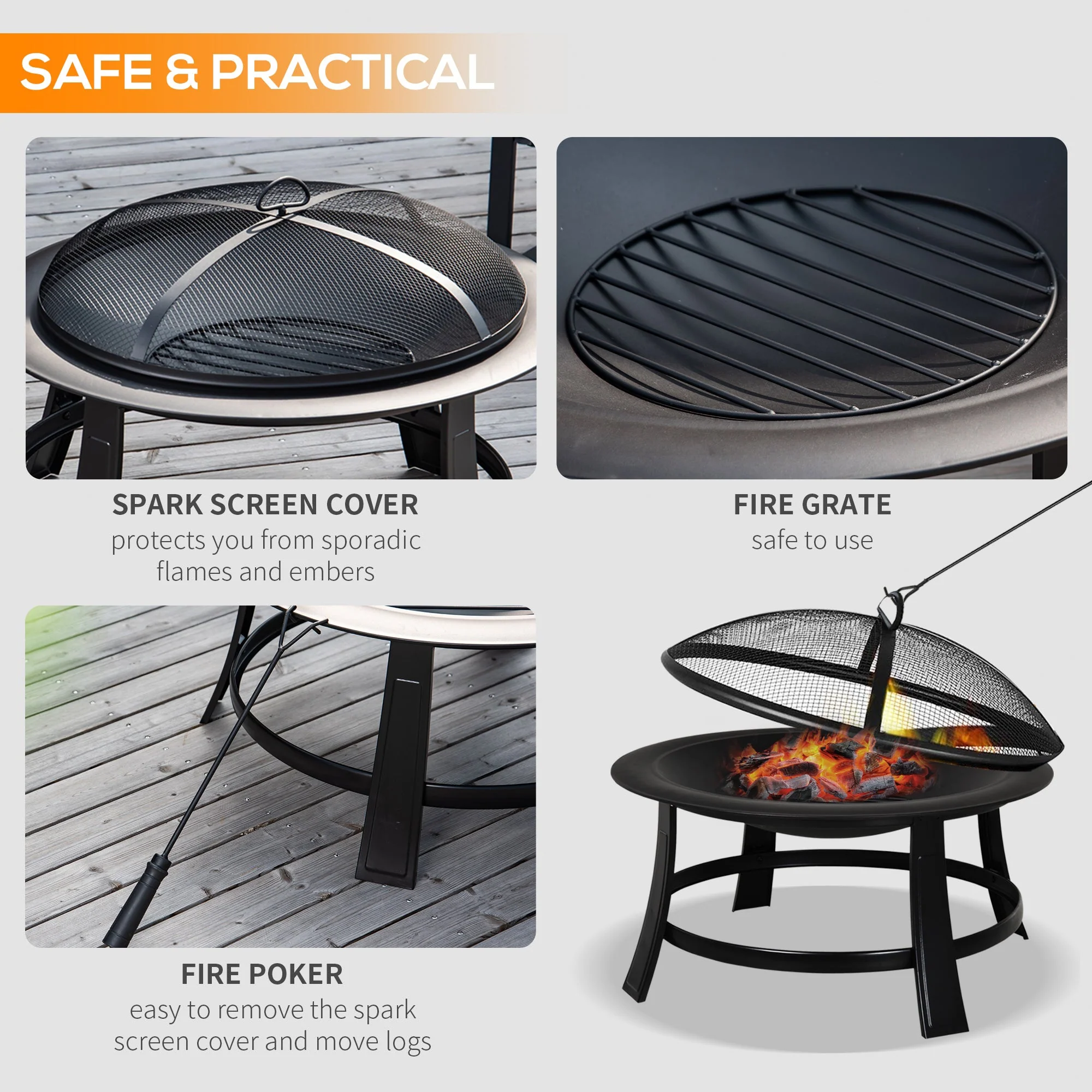 30” Round Metal Fire Pit With Cover-Black - Image 5