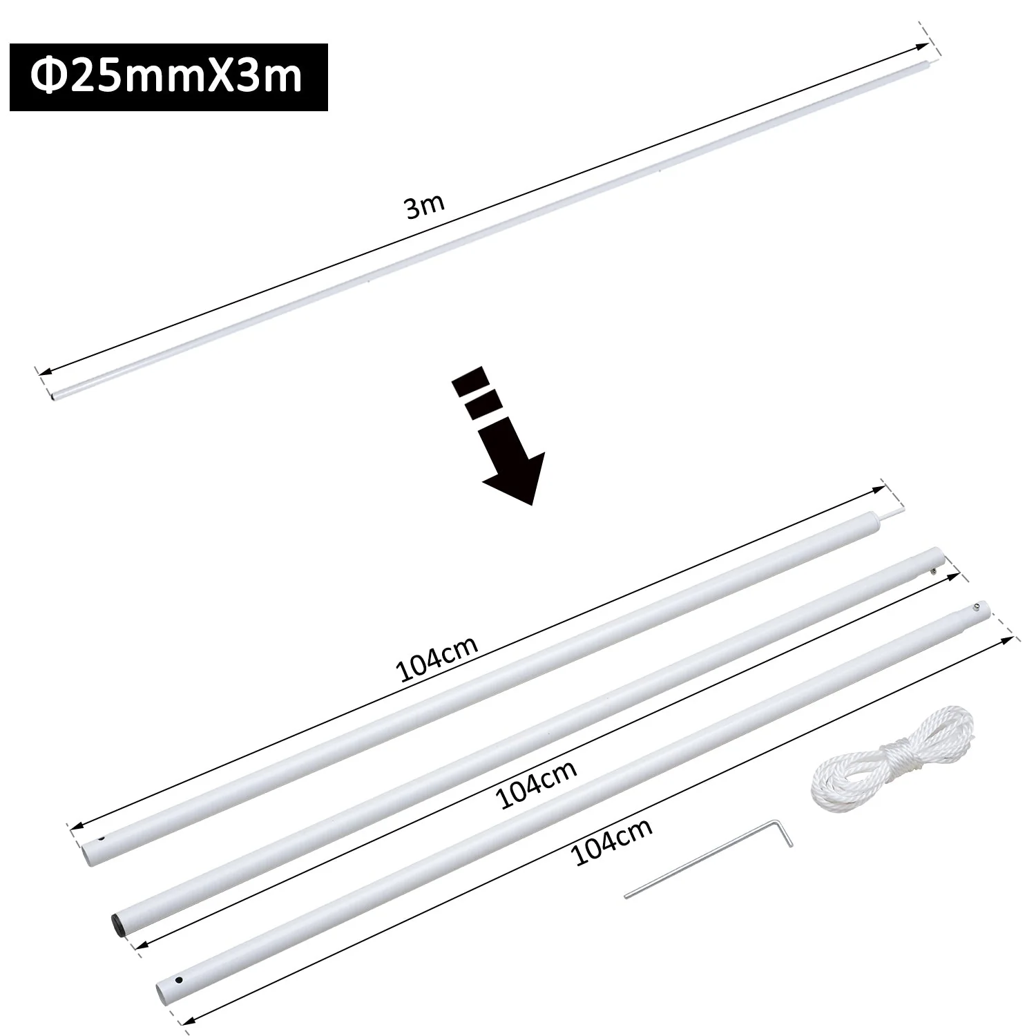 3M Awning Sail Shade Canopy Pole Kit Adjustable Pole With Rope Metal - White - Image 8