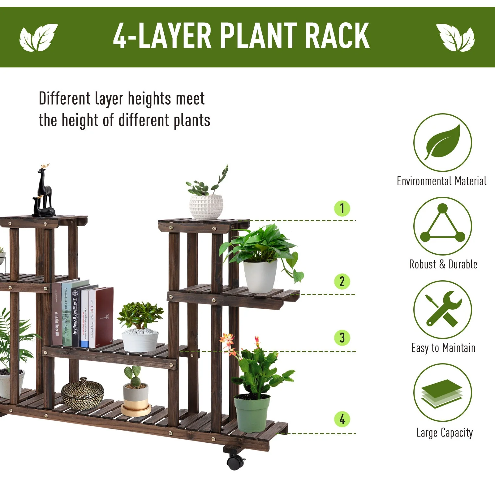 4-Tier Plant Stand with Wheels and Brakes - Image 4