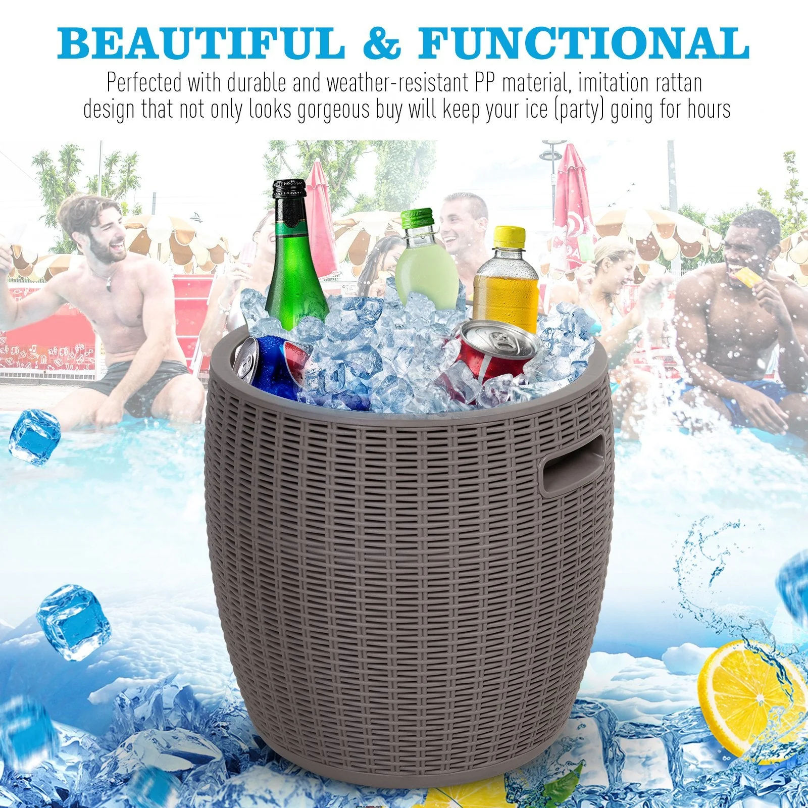 45L Outdoor Rattan-Effect Lift-Top Ice Cooler Table Grey - Image 4