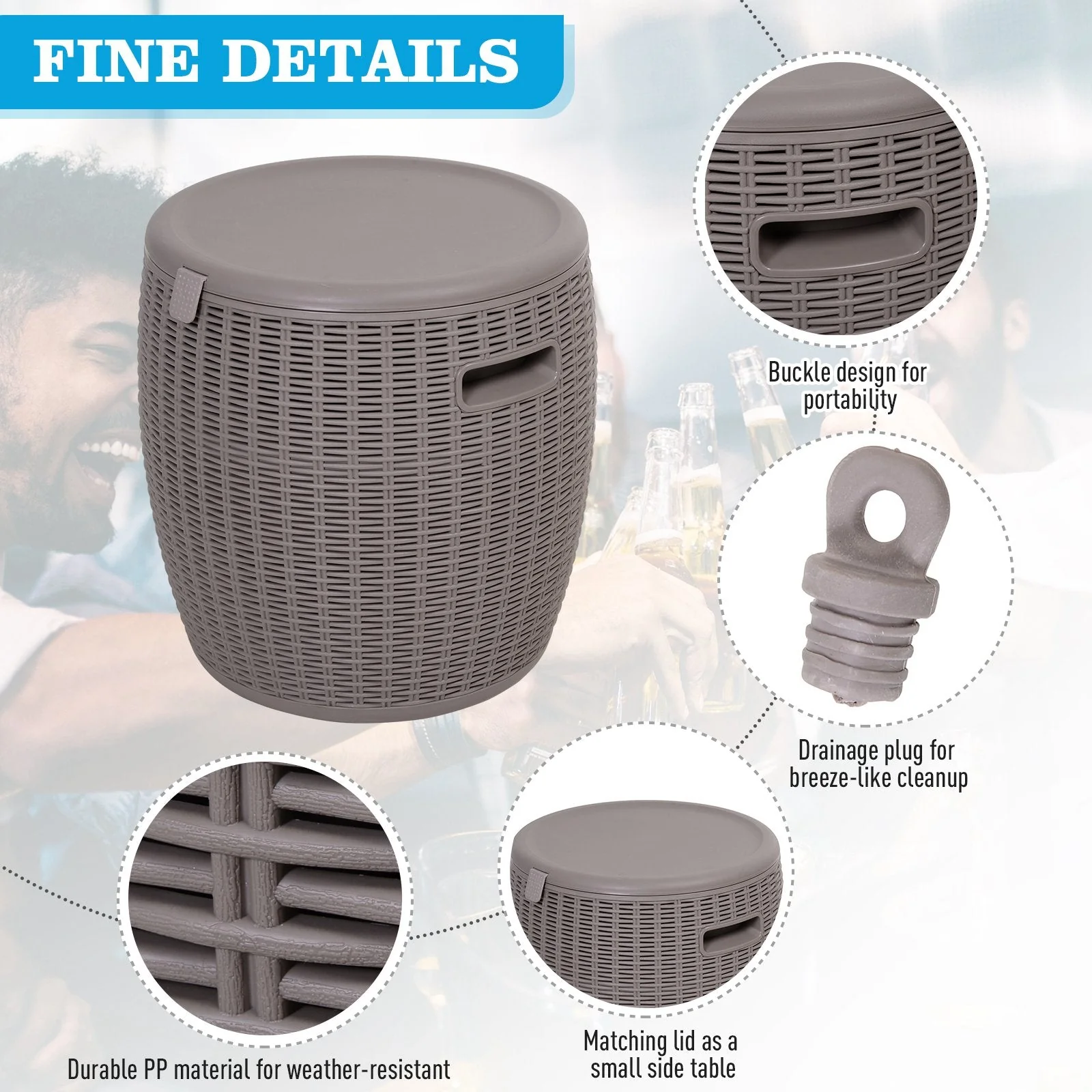 45L Outdoor Rattan-Effect Lift-Top Ice Cooler Table Grey - Image 5