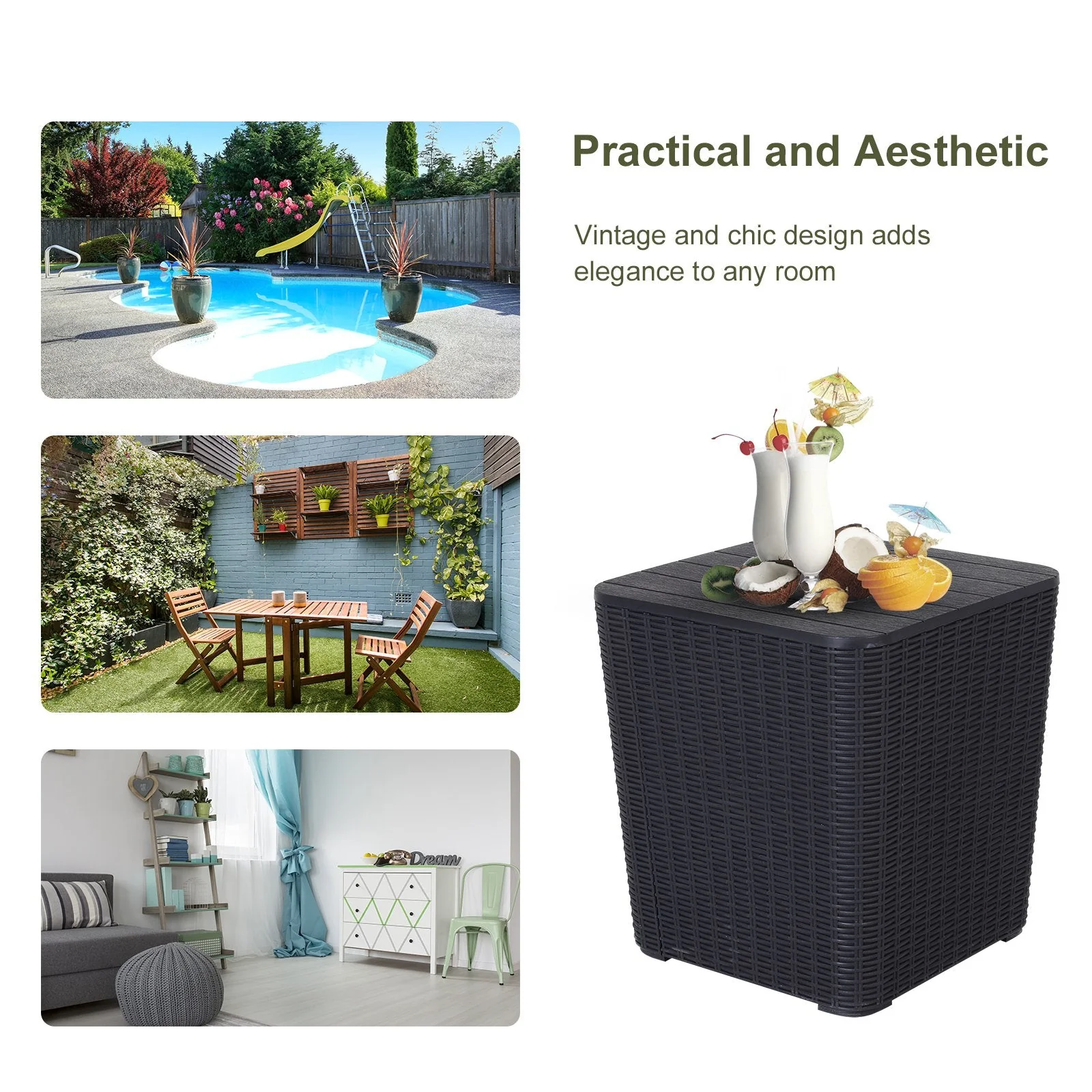 50L Outdoor Rattan-Effect Lift-Top Bar Tea Table Black - Image 4