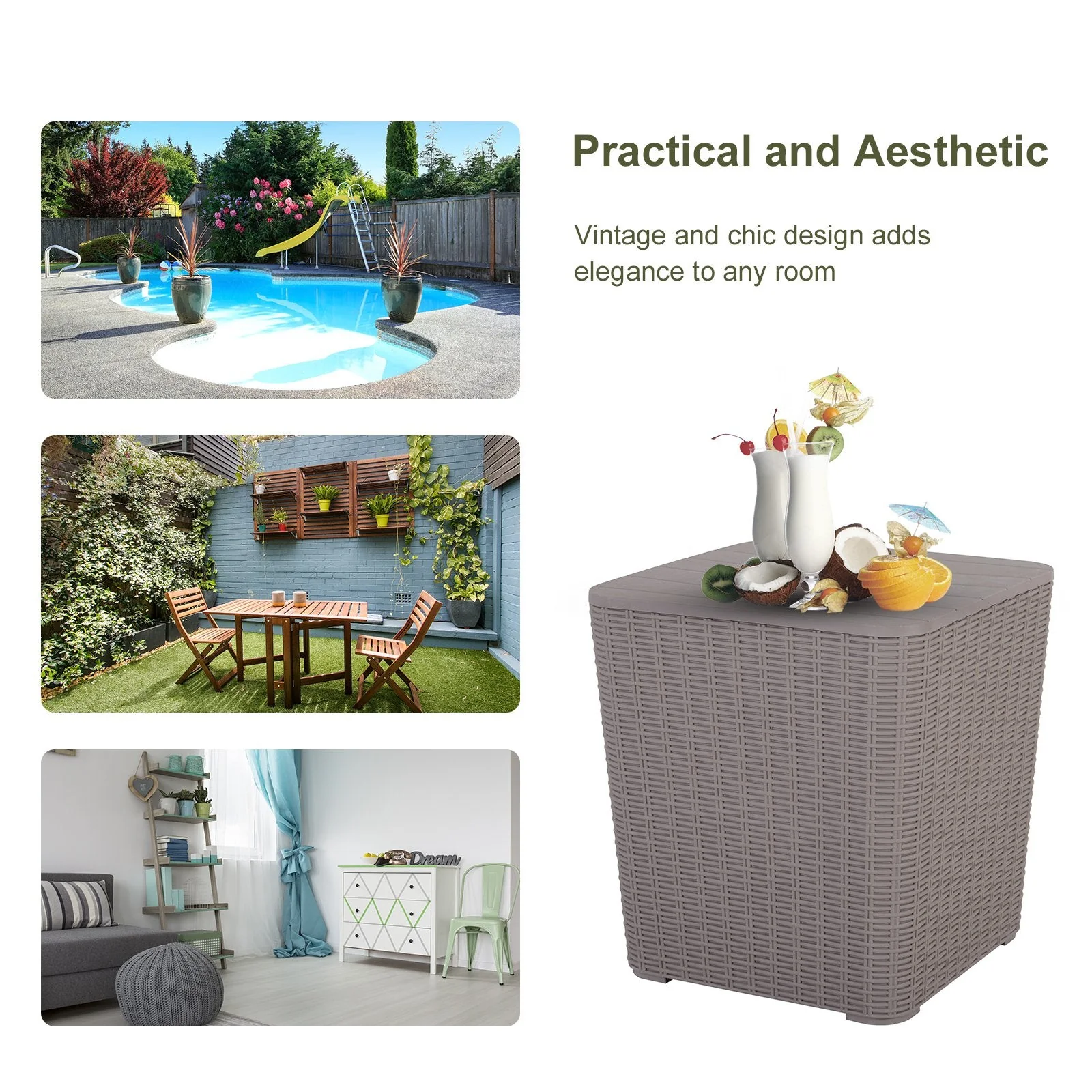50L Outdoor Rattan-Effect Lift-Top Bar Tea Table Grey - Image 4