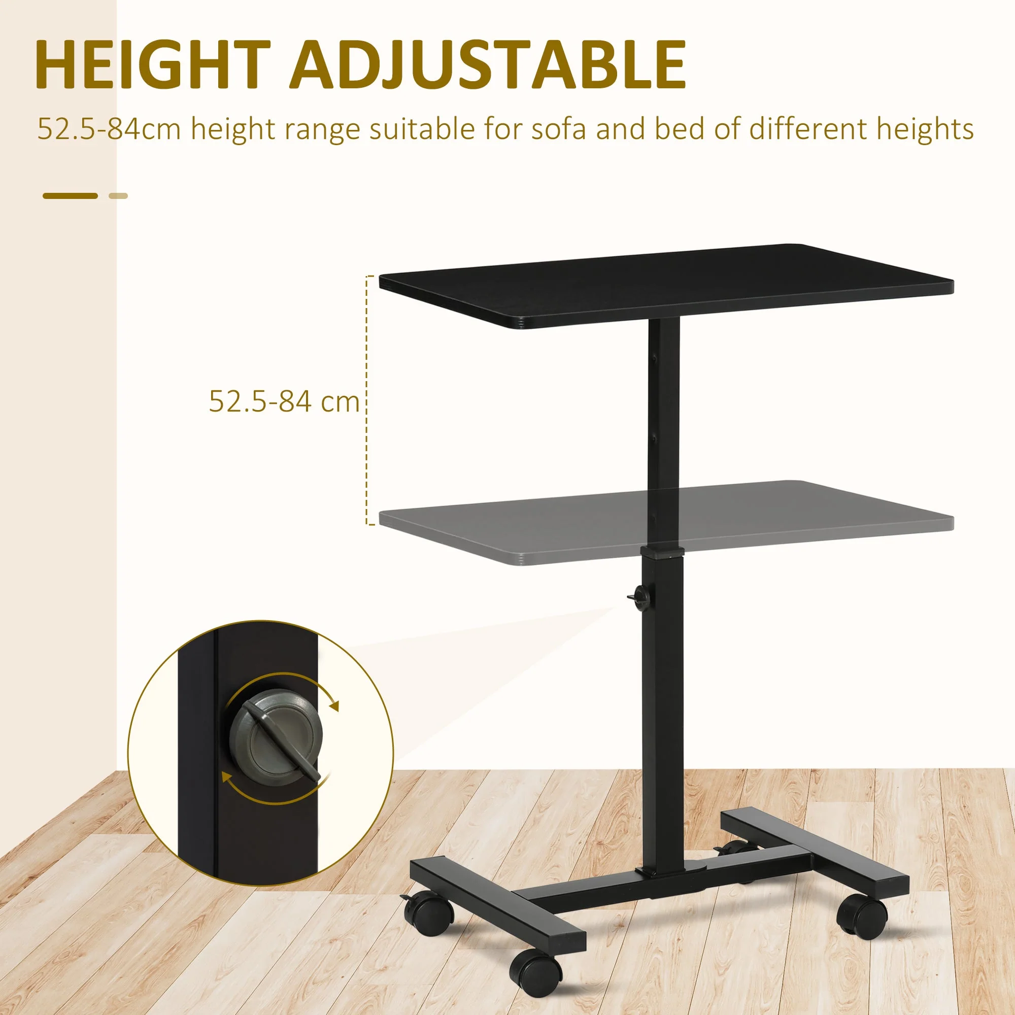 52-84cm Adjustable Mobile Over-Surface Table - Black - Image 5