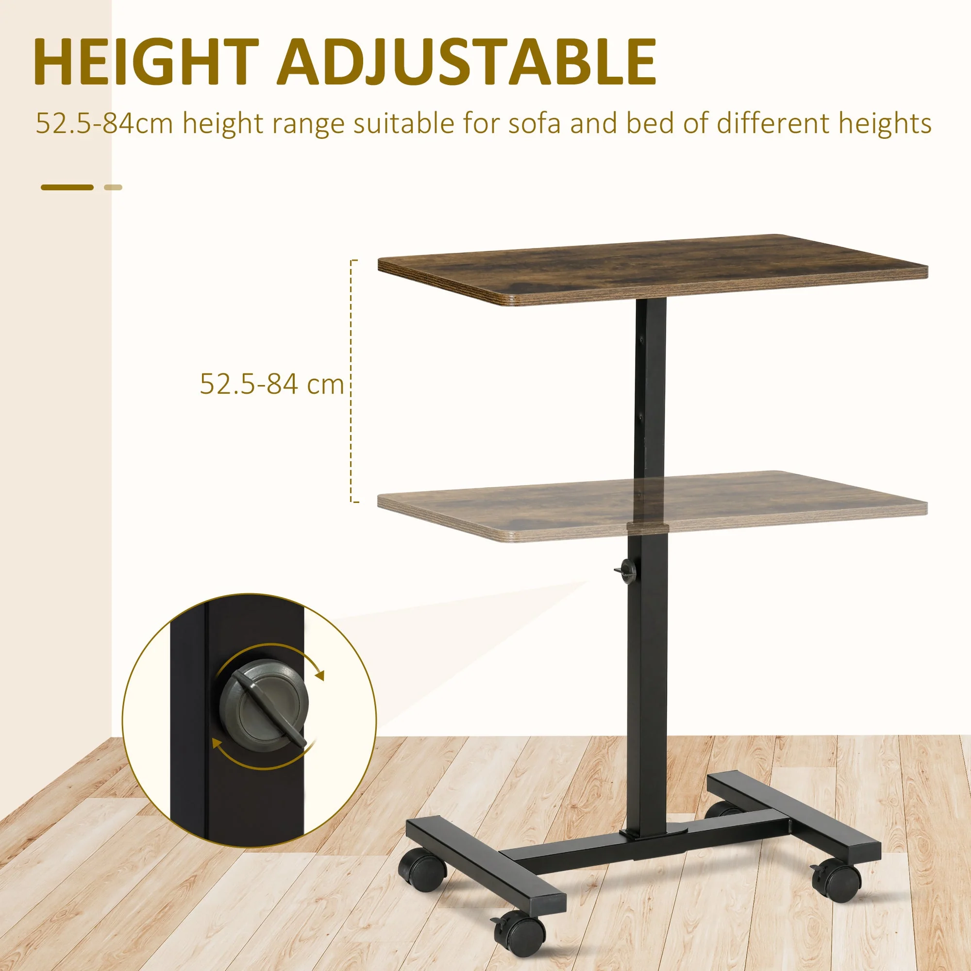 52-84cm Adjustable Mobile Over-Surface Table - Brown - Image 4