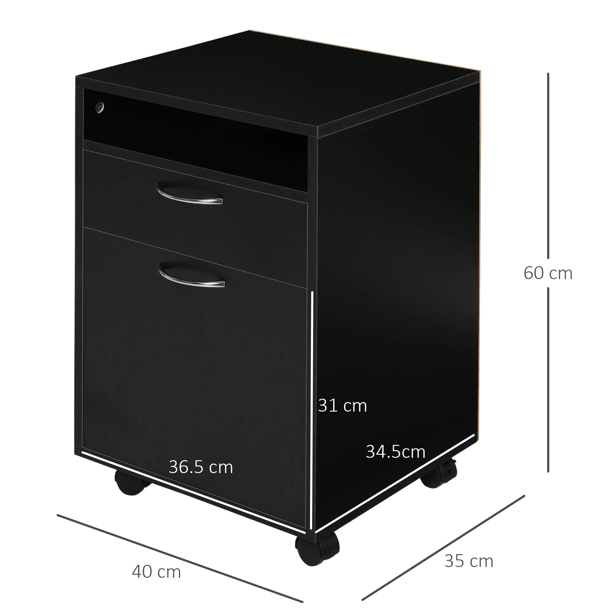 60cm Storage Cabinet w/ Drawer Open Shelf Metal Handles 4 Wheels Office Home Organiser Mobile Printer Black - Image 3