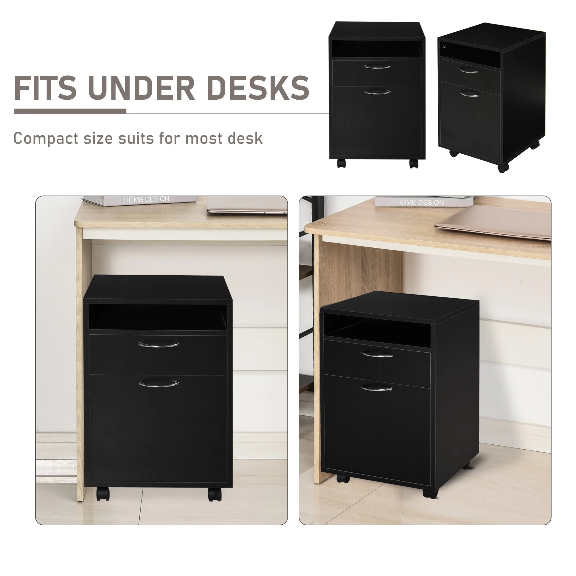 60cm Storage Cabinet w/ Drawer Open Shelf Metal Handles 4 Wheels Office Home Organiser Mobile Printer Black - Image 5