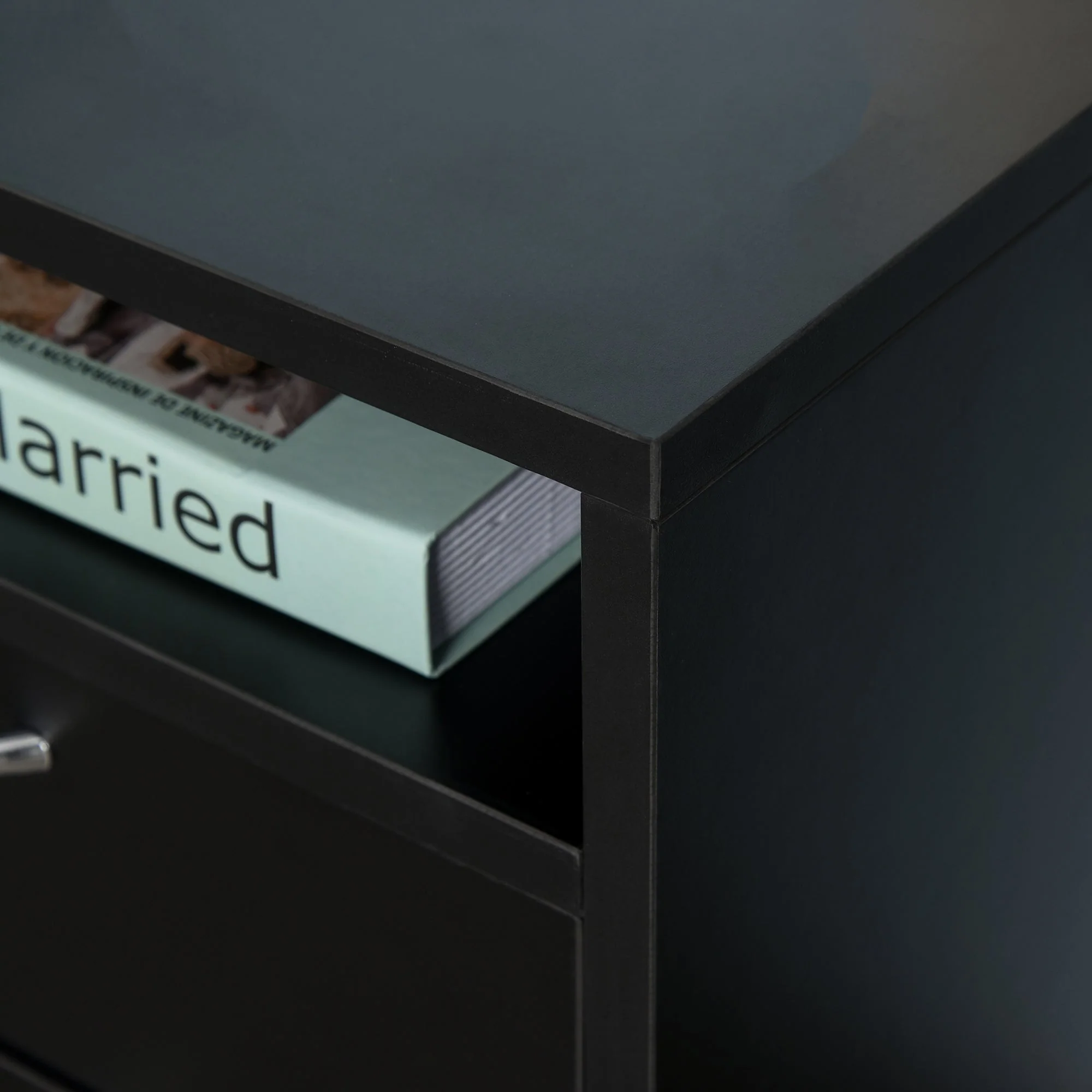 60cm Storage Cabinet w/ Drawer Open Shelf Metal Handles 4 Wheels Office Home Organiser Mobile Printer Black - Image 7