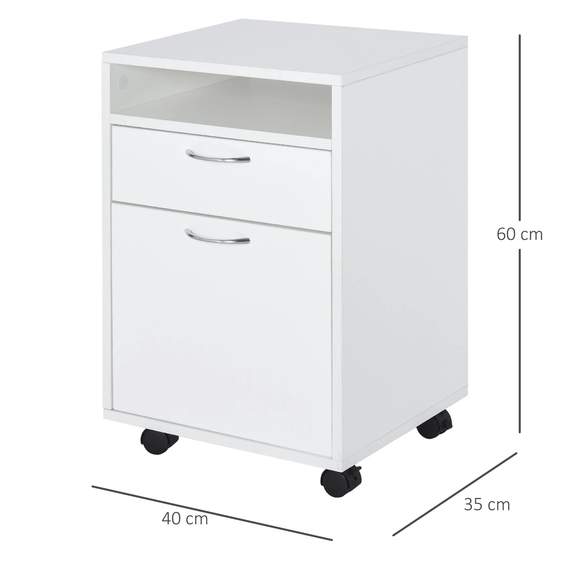 60cm Storage Cabinet w/ Drawer Open Shelf Metal Handles 4 Wheels Office Home Organiser Mobile Printer White - Image 3