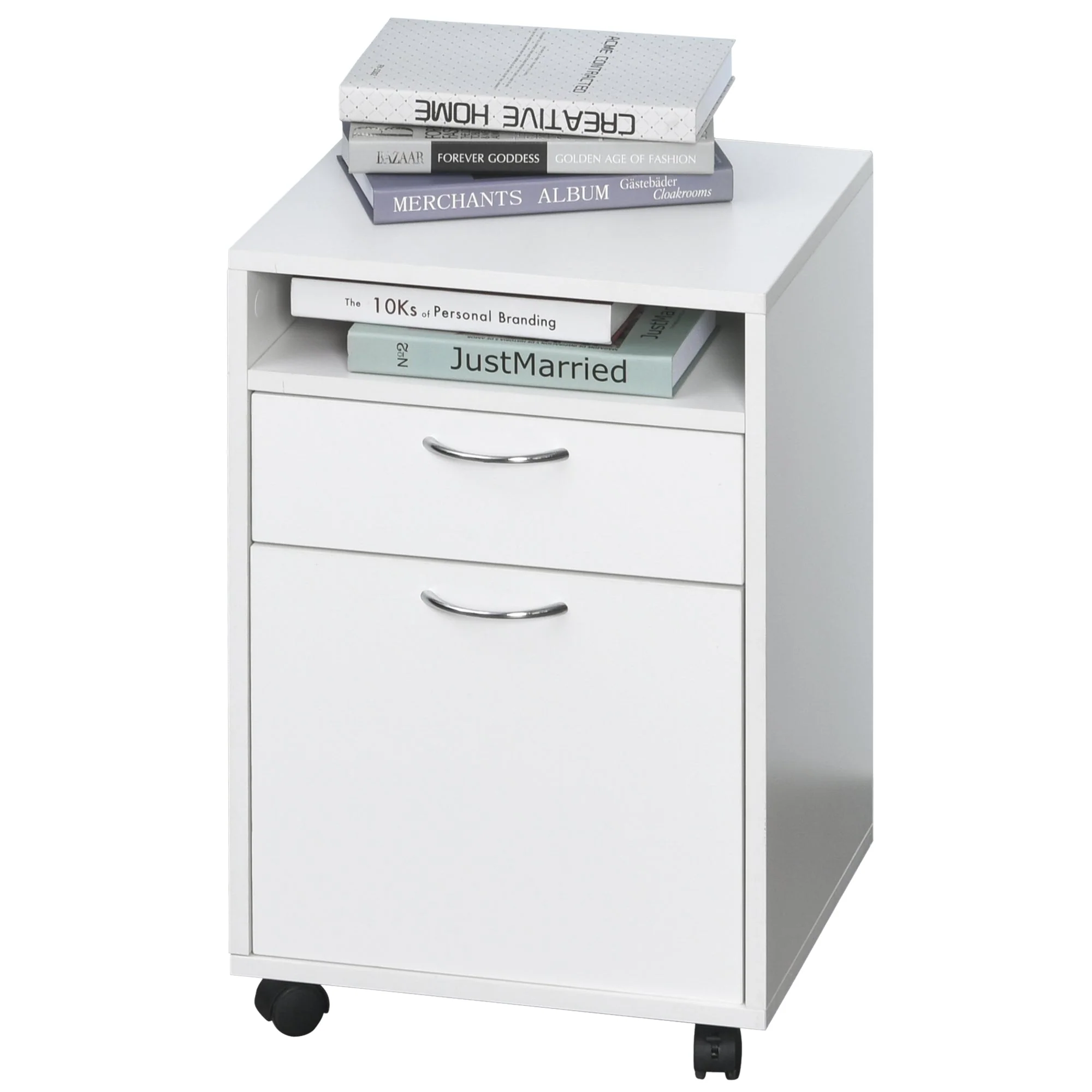60cm Storage Cabinet w/ Drawer Open Shelf Metal Handles 4 Wheels Office Home Organiser Mobile Printer White - Image 4