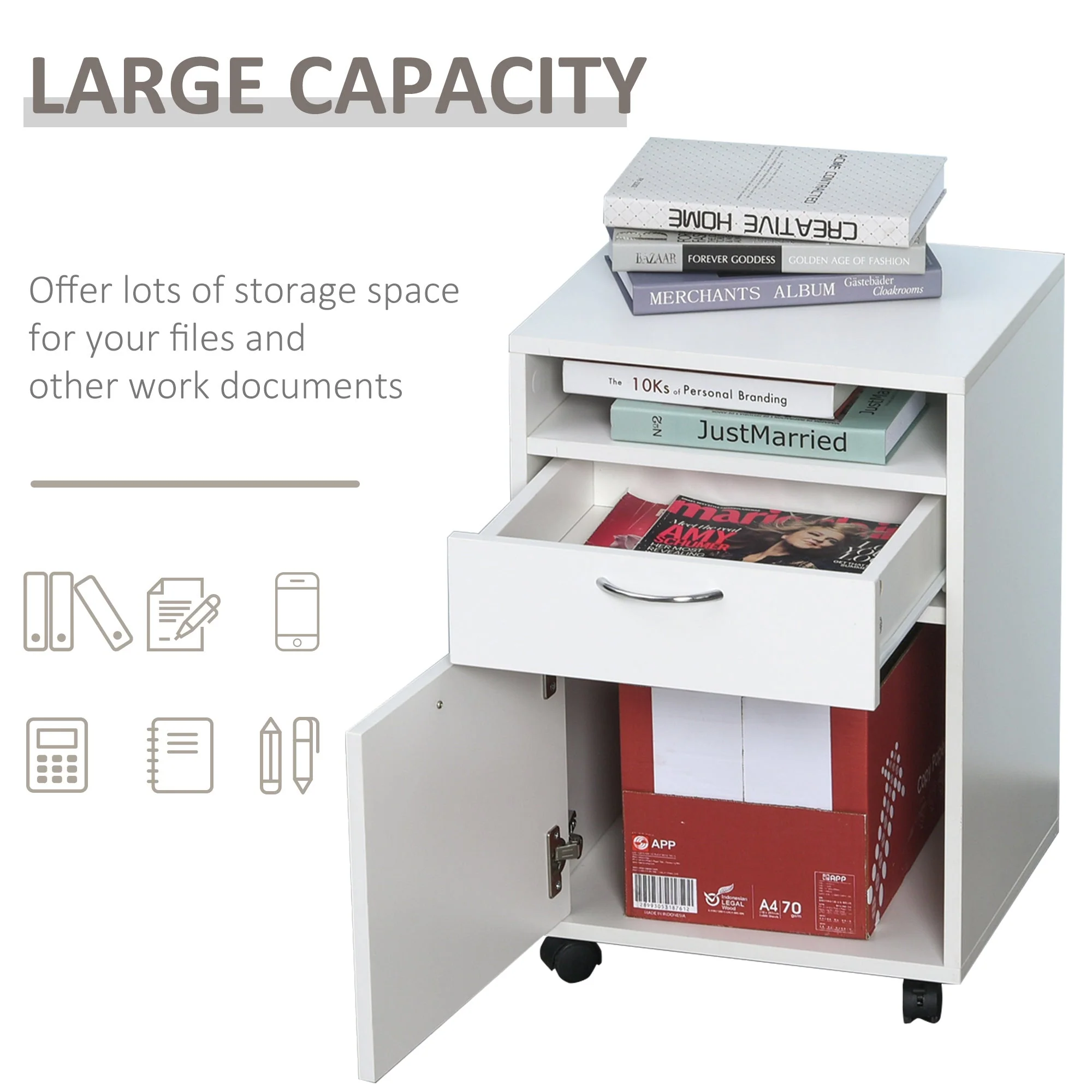 60cm Storage Cabinet w/ Drawer Open Shelf Metal Handles 4 Wheels Office Home Organiser Mobile Printer White - Image 5