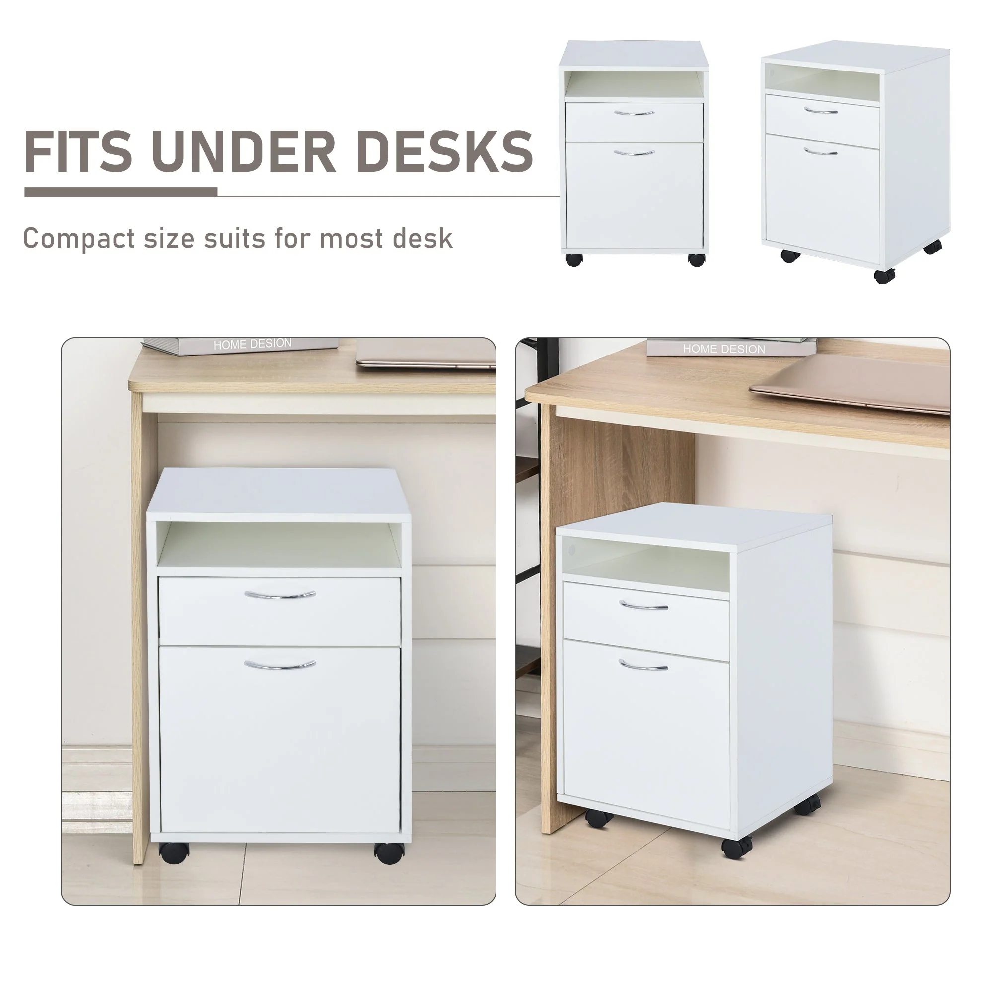 60cm Storage Cabinet w/ Drawer Open Shelf Metal Handles 4 Wheels Office Home Organiser Mobile Printer White - Image 6