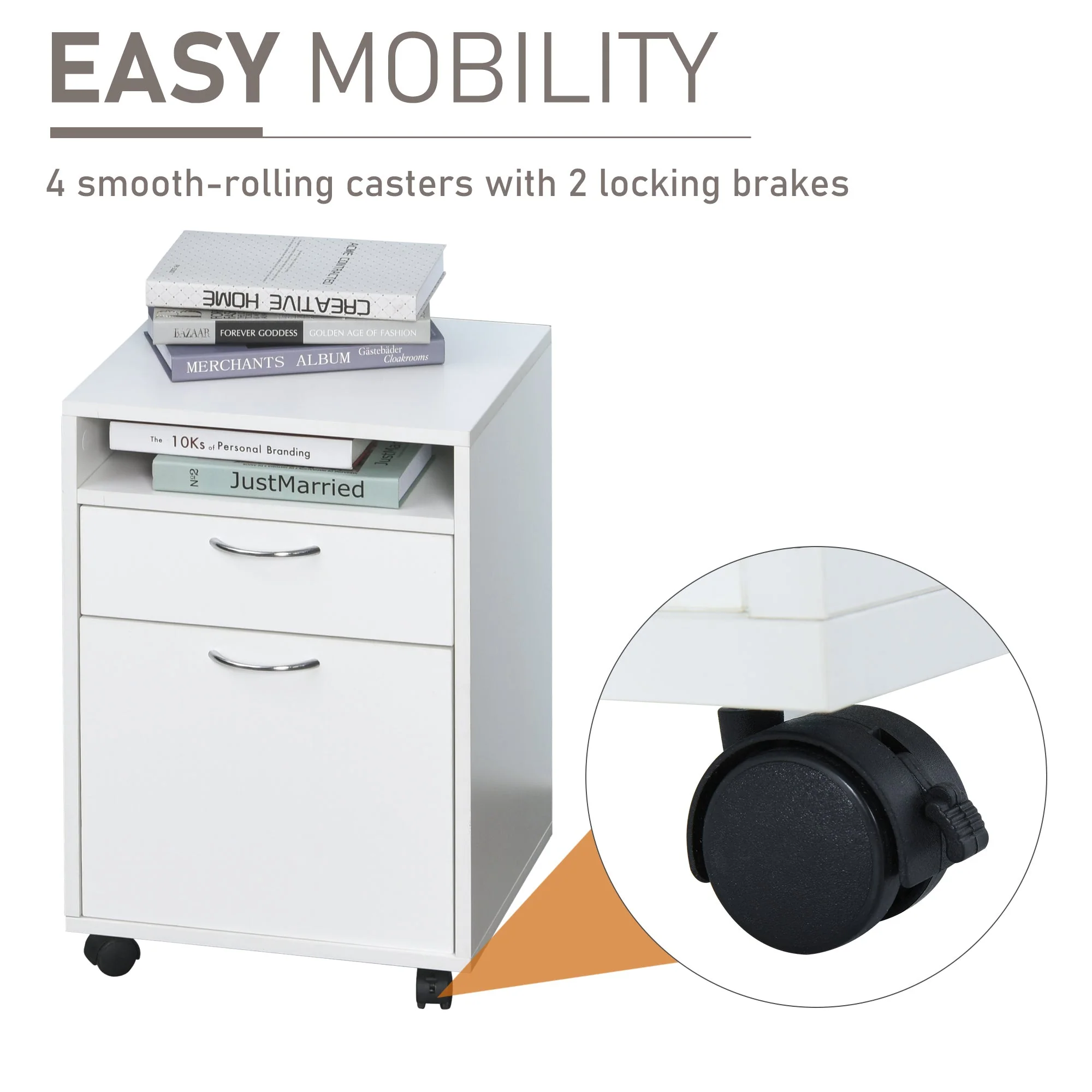 60cm Storage Cabinet w/ Drawer Open Shelf Metal Handles 4 Wheels Office Home Organiser Mobile Printer White - Image 7