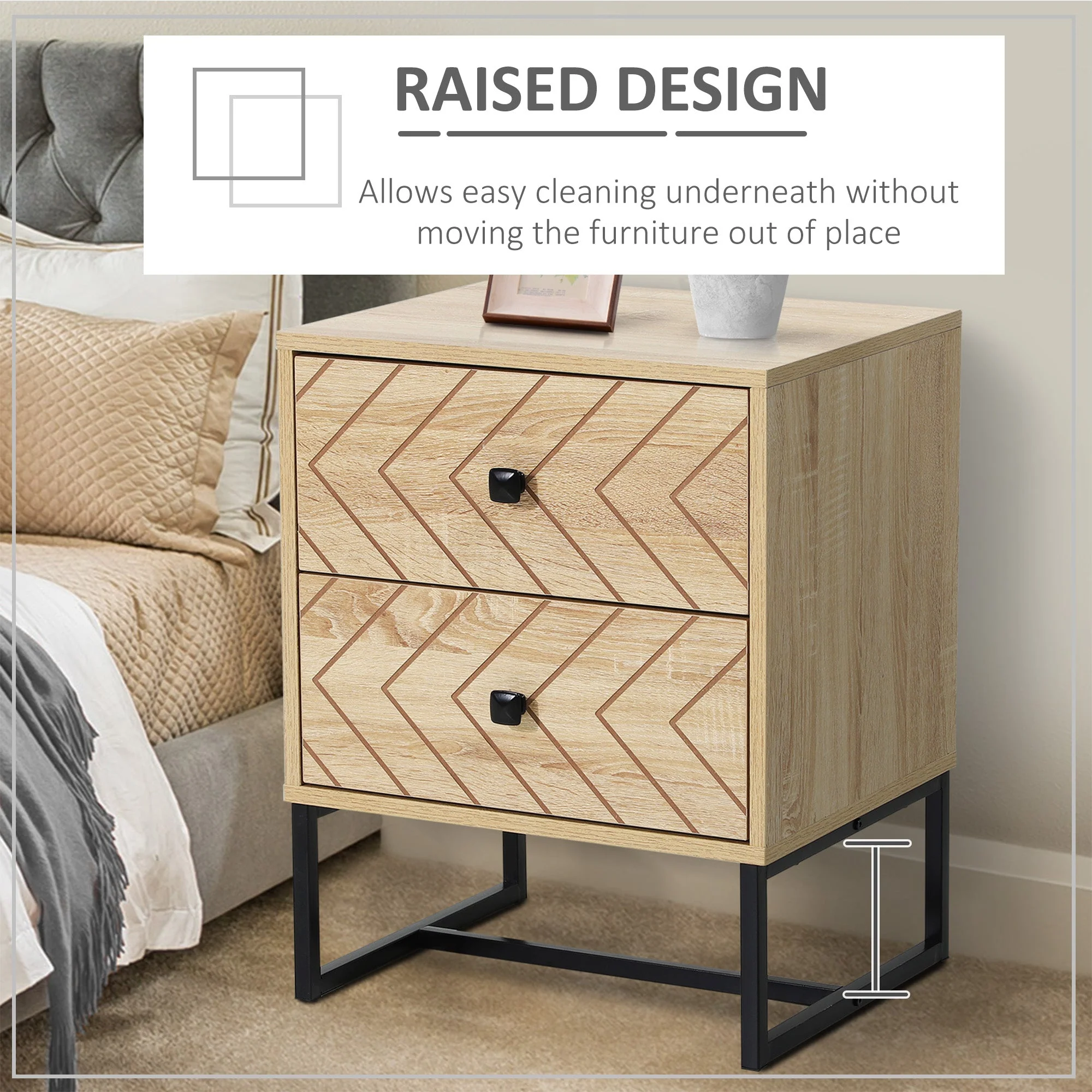 Bedside Table 2 Drawer Unit Zig Zag Design Nightstand w/ Black Metal Handles Melamine Finish - Image 3