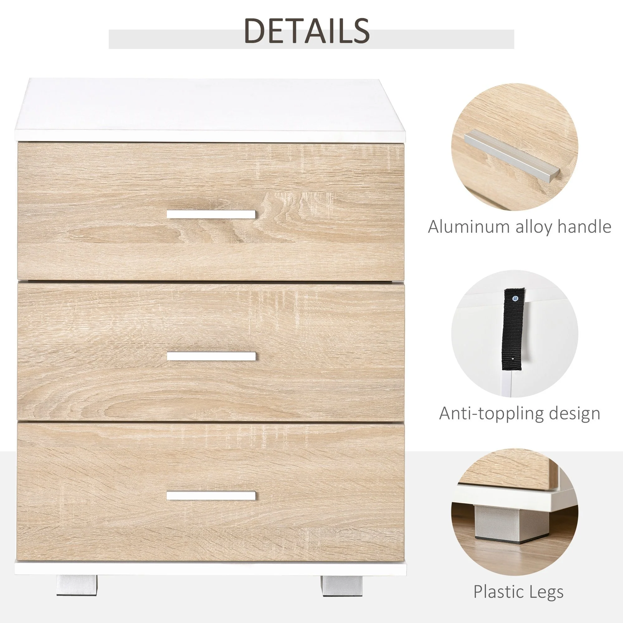 Bedside Table With 3 Drawers Nightstand Side Table Storage Chest For Bedroom - Image 6