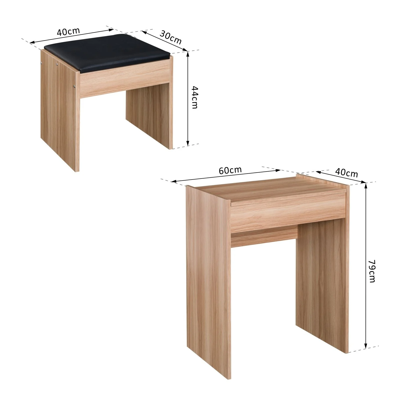 Dressing Table Set Padded Stool Dresser with Flip-up Mirror Multi-purpose - Wood Grain - Image 3