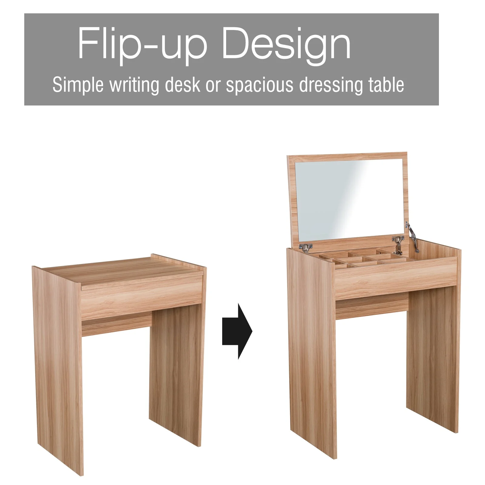 Dressing Table Set Padded Stool Dresser with Flip-up Mirror Multi-purpose - Wood Grain - Image 4