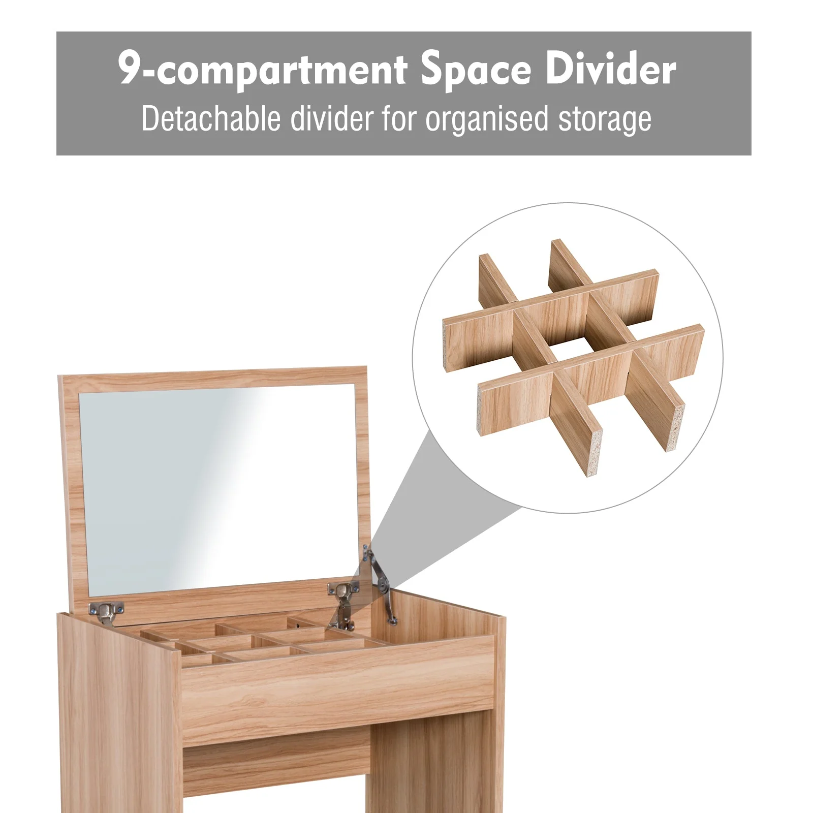 Dressing Table Set Padded Stool Dresser with Flip-up Mirror Multi-purpose - Wood Grain - Image 5