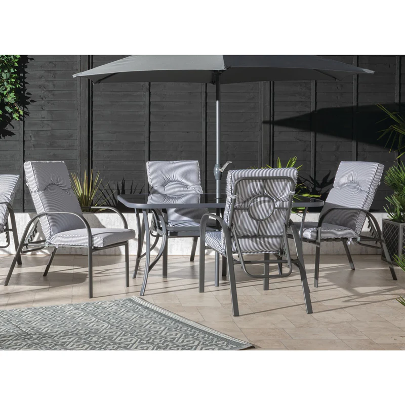 Premium Garden Patio Dining Set - 6 Seats Grey Pinstripe Cushions - Image 6