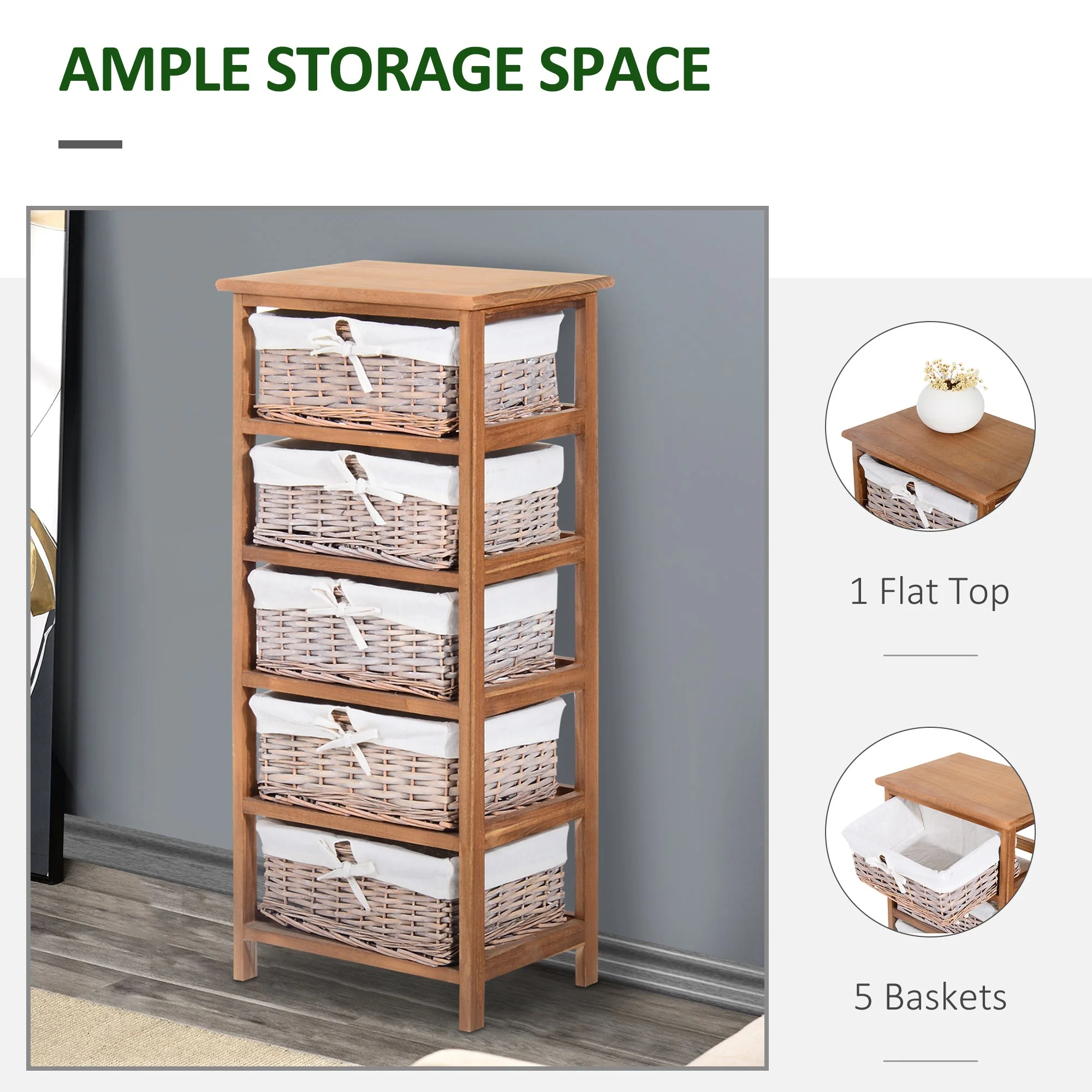 Homcom 5 Drawer Dresser Wicker Basket Storage Shelf Unit Wooden Frame Home Organisation Cabinet Bedroom Office Furniture Natural Finish 90x40cm - Image 3