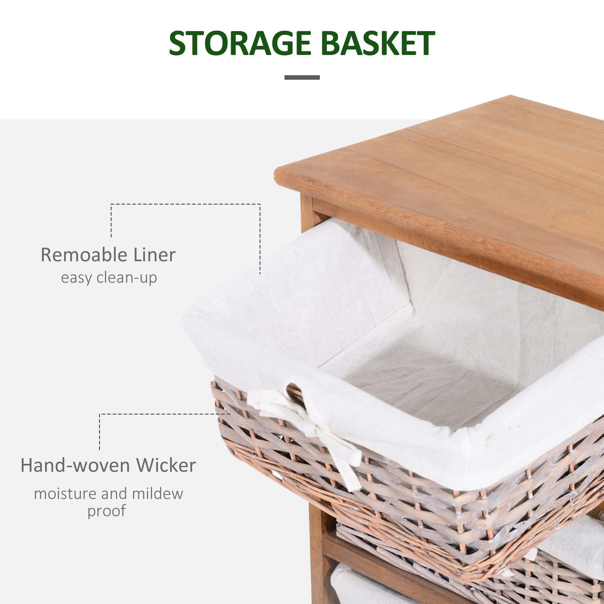 Homcom 5 Drawer Dresser Wicker Basket Storage Shelf Unit Wooden Frame Home Organisation Cabinet Bedroom Office Furniture Natural Finish 90x40cm - Image 4