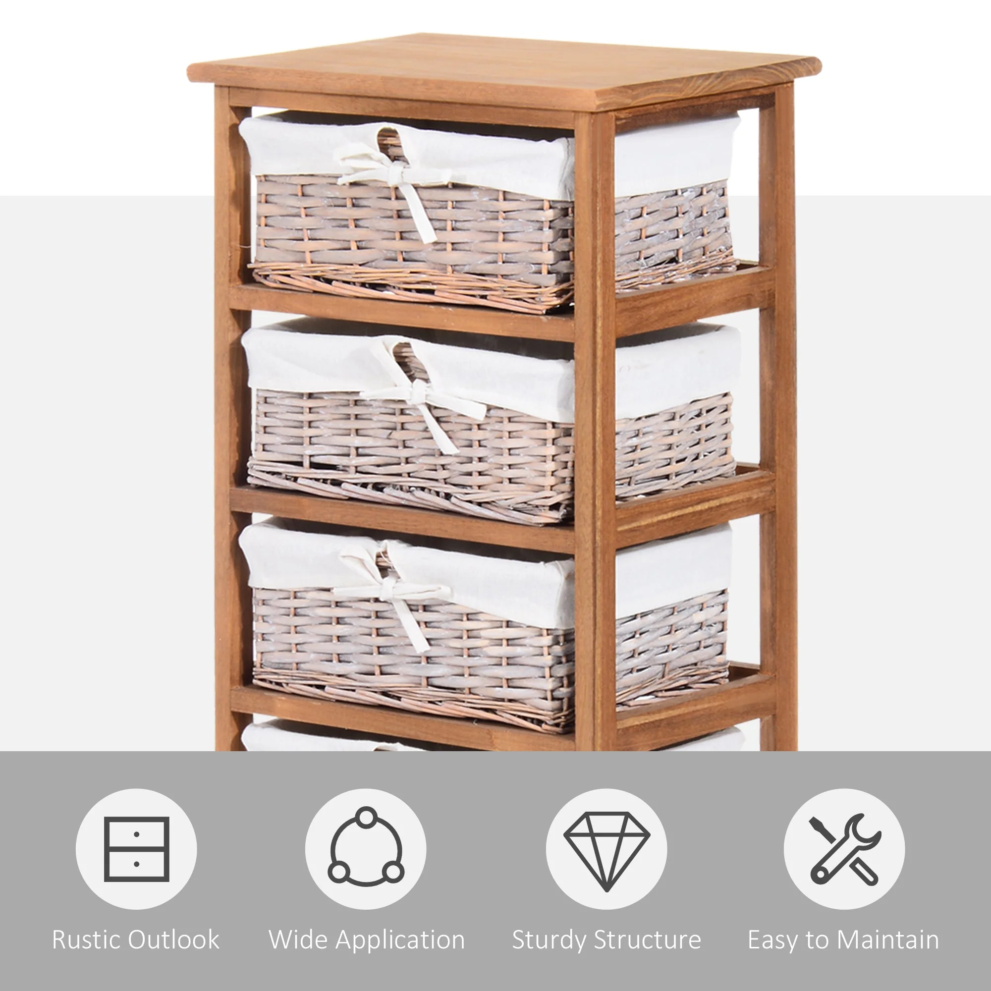 Homcom 5 Drawer Dresser Wicker Basket Storage Shelf Unit Wooden Frame Home Organisation Cabinet Bedroom Office Furniture Natural Finish 90x40cm - Image 5