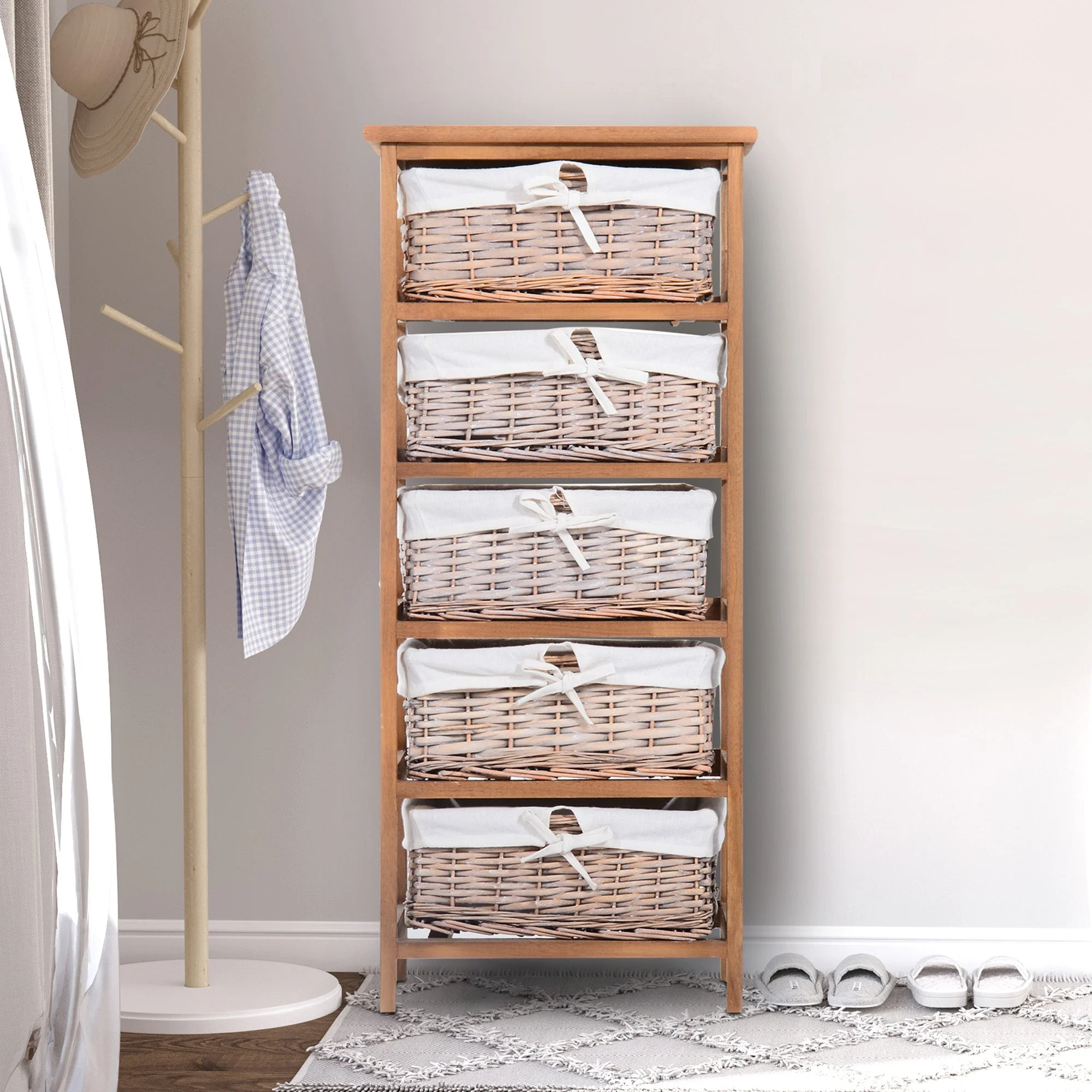 Homcom 5 Drawer Dresser Wicker Basket Storage Shelf Unit Wooden Frame Home Organisation Cabinet Bedroom Office Furniture Natural Finish 90x40cm - Image 9