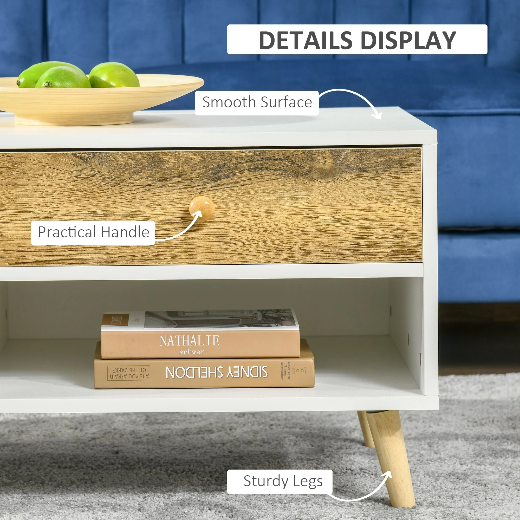 Homcom Coffee Table Rectangular End Table Side Table with 2 Drawers and 2 Shelves for Living Room - Image 6