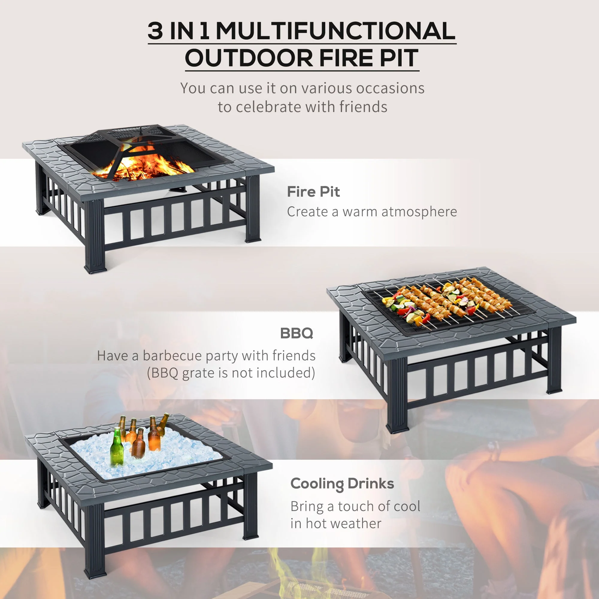 Metal Large Firepit Outdoor Square Fire Pit Brazier w/ Rain Cover - Image 4