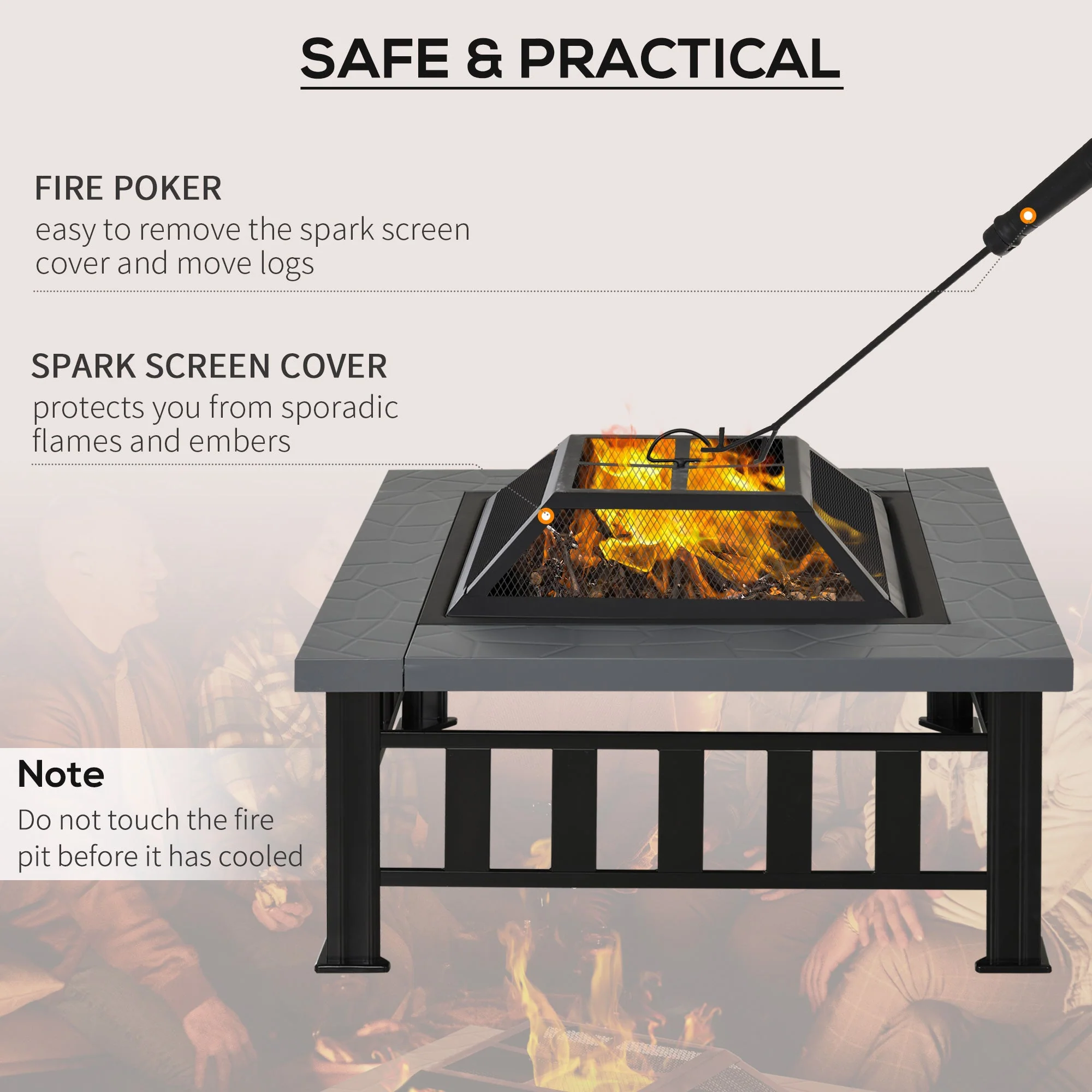 Metal Large Firepit Outdoor Square Fire Pit Brazier w/ Rain Cover - Image 5