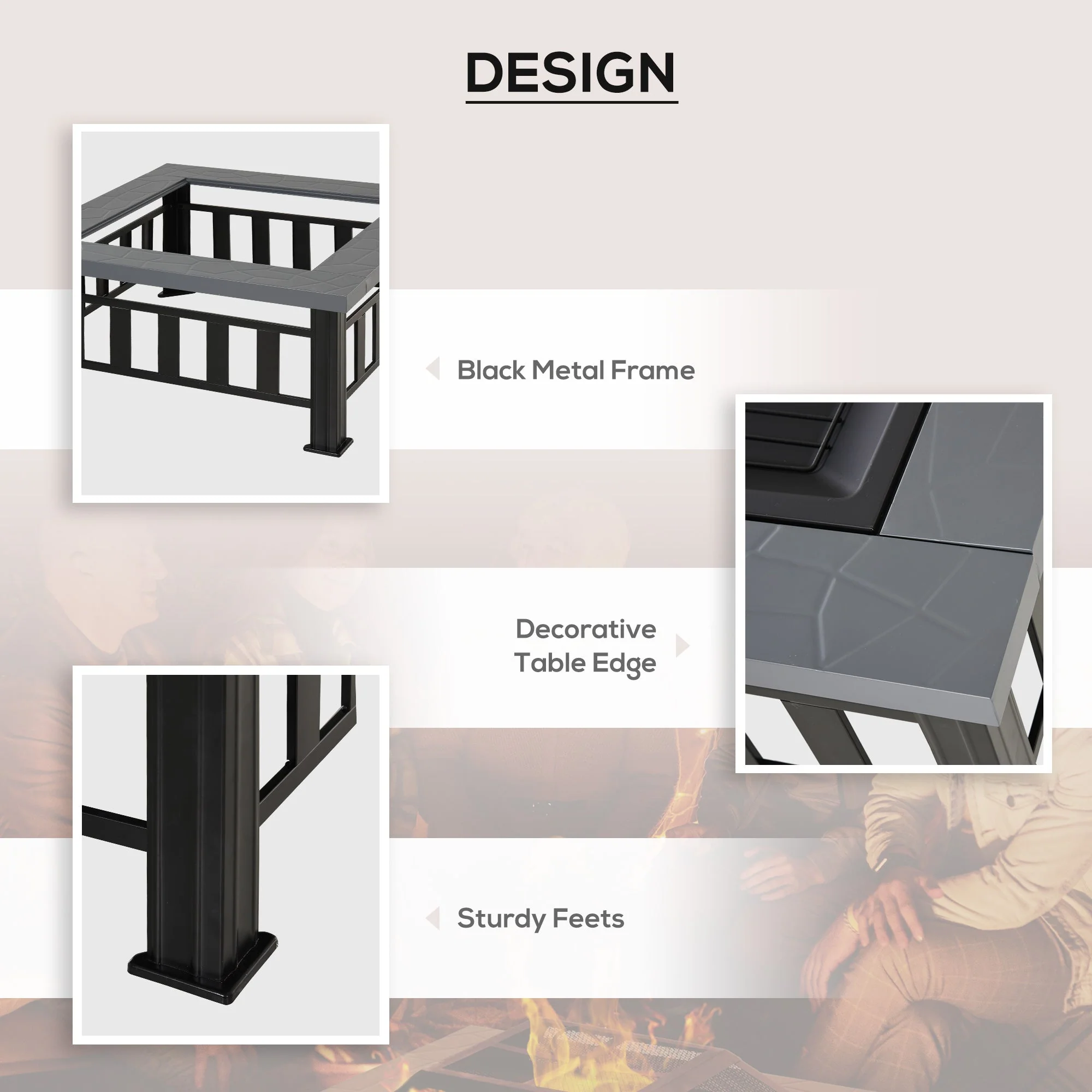 Metal Large Firepit Outdoor Square Fire Pit Brazier w/ Rain Cover - Image 6