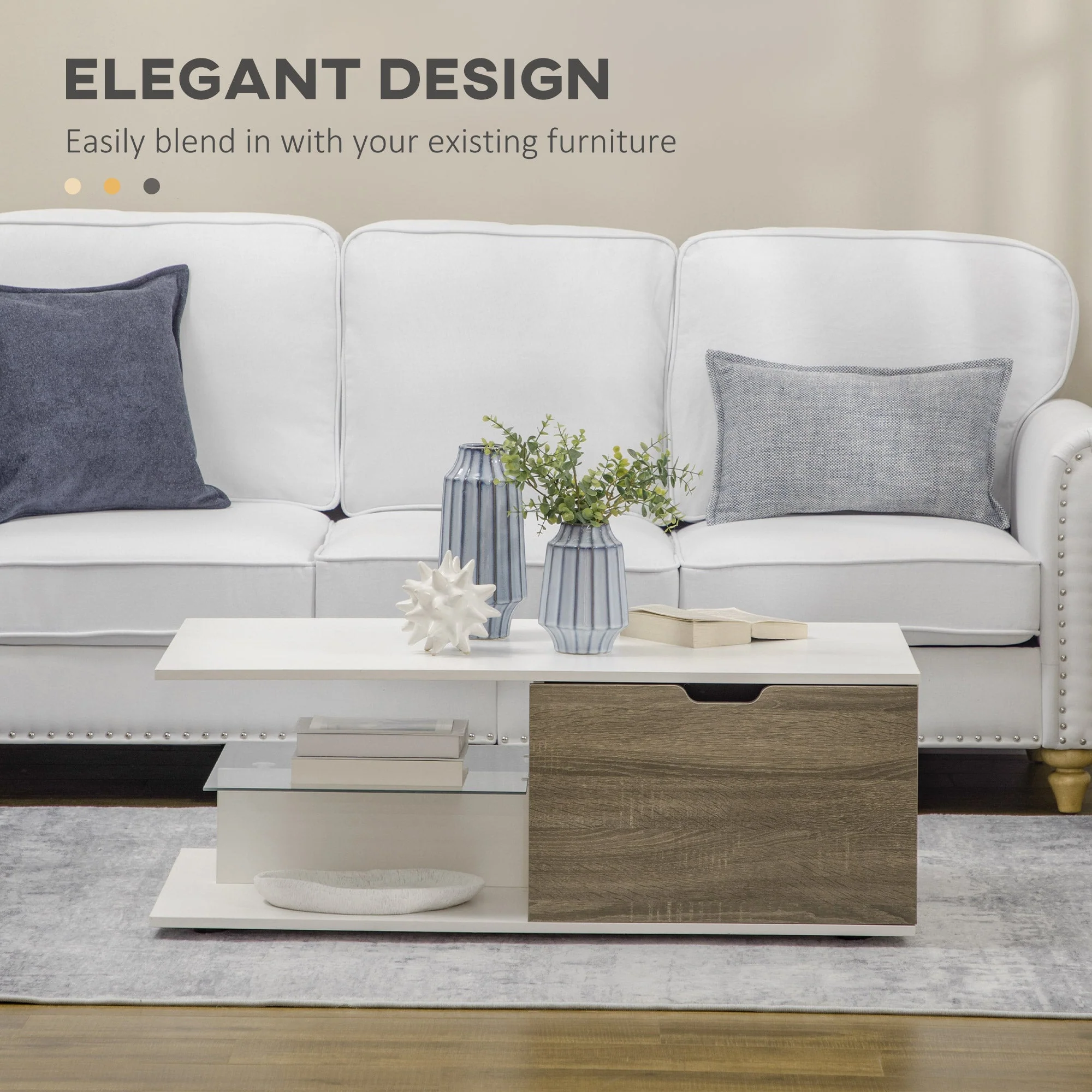 Modern Coffee Table with Tempered Glass Shelf and Two Drawers - Image 4