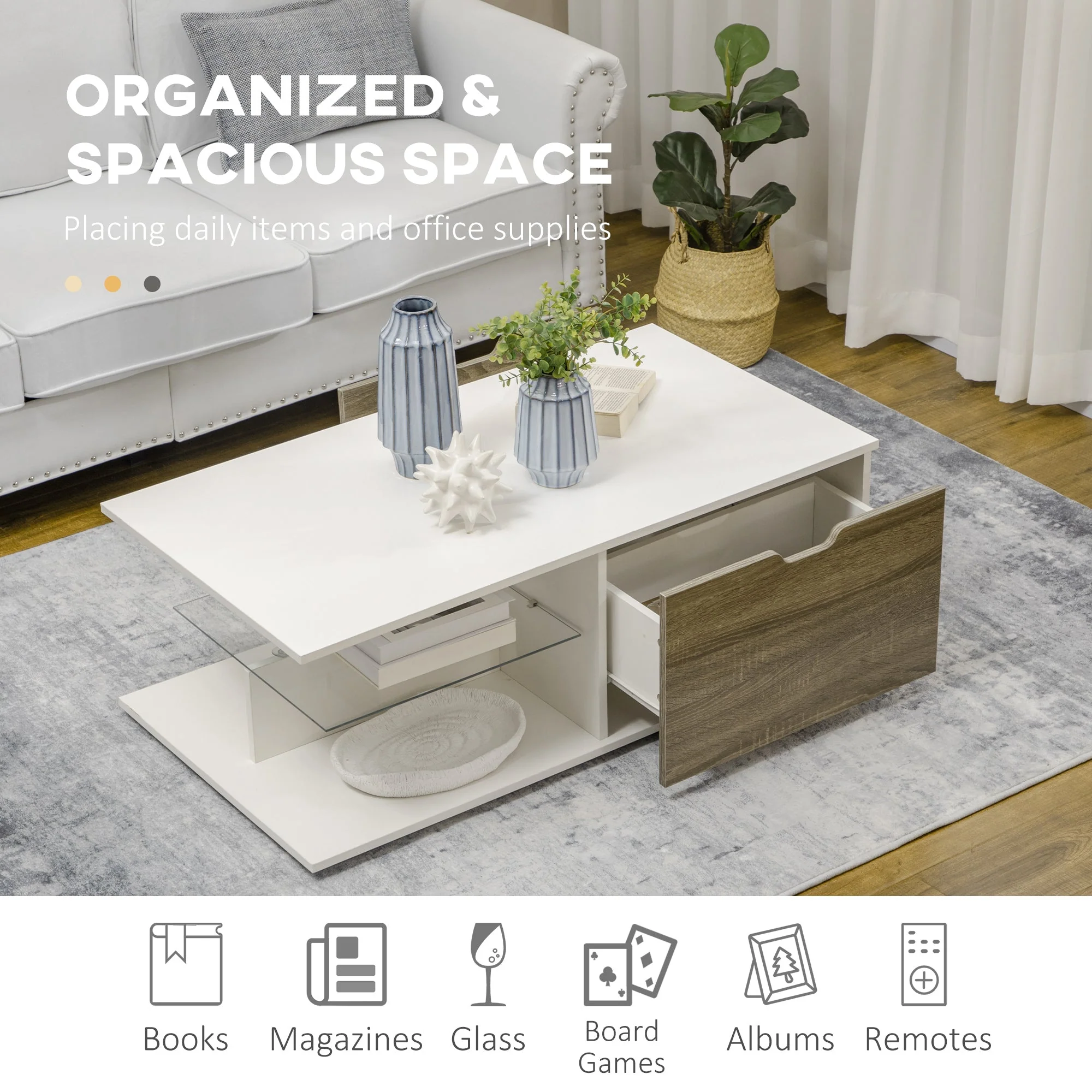 Modern Coffee Table with Tempered Glass Shelf and Two Drawers - Image 5