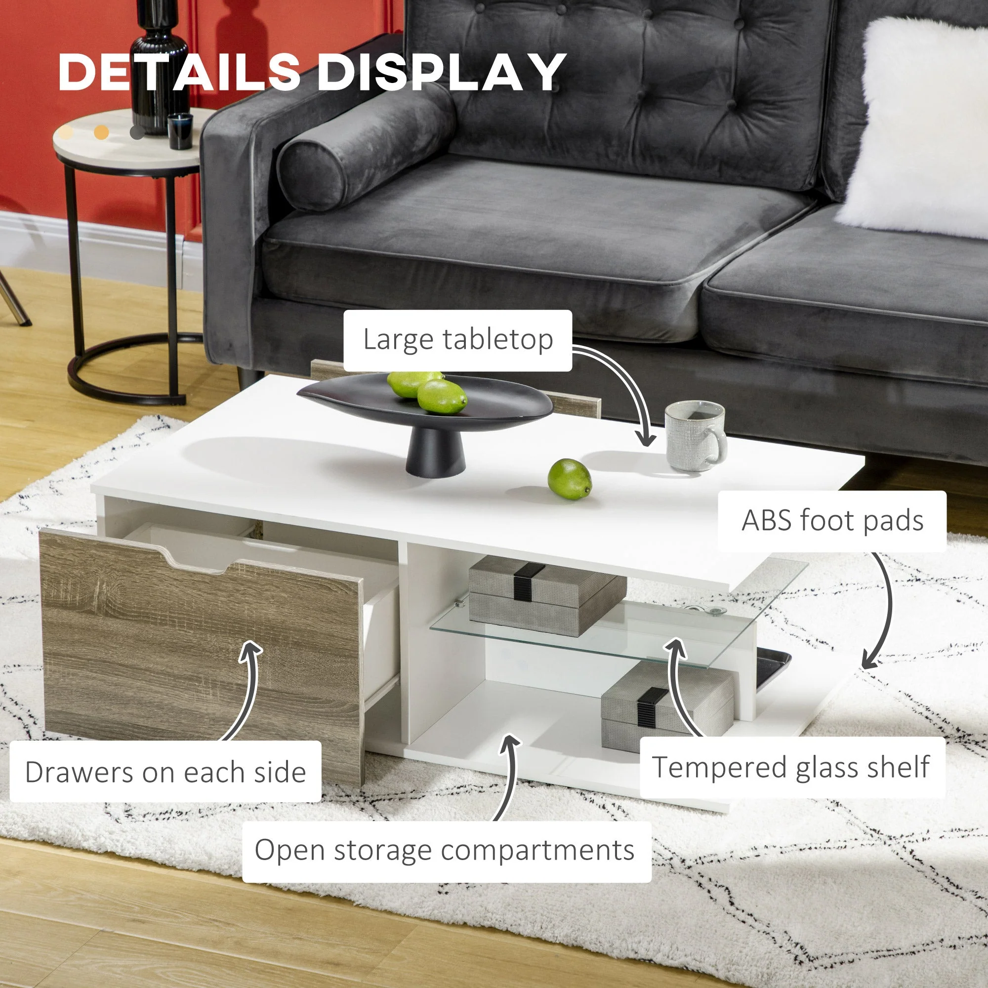 Modern Coffee Table with Tempered Glass Shelf and Two Drawers - Image 6