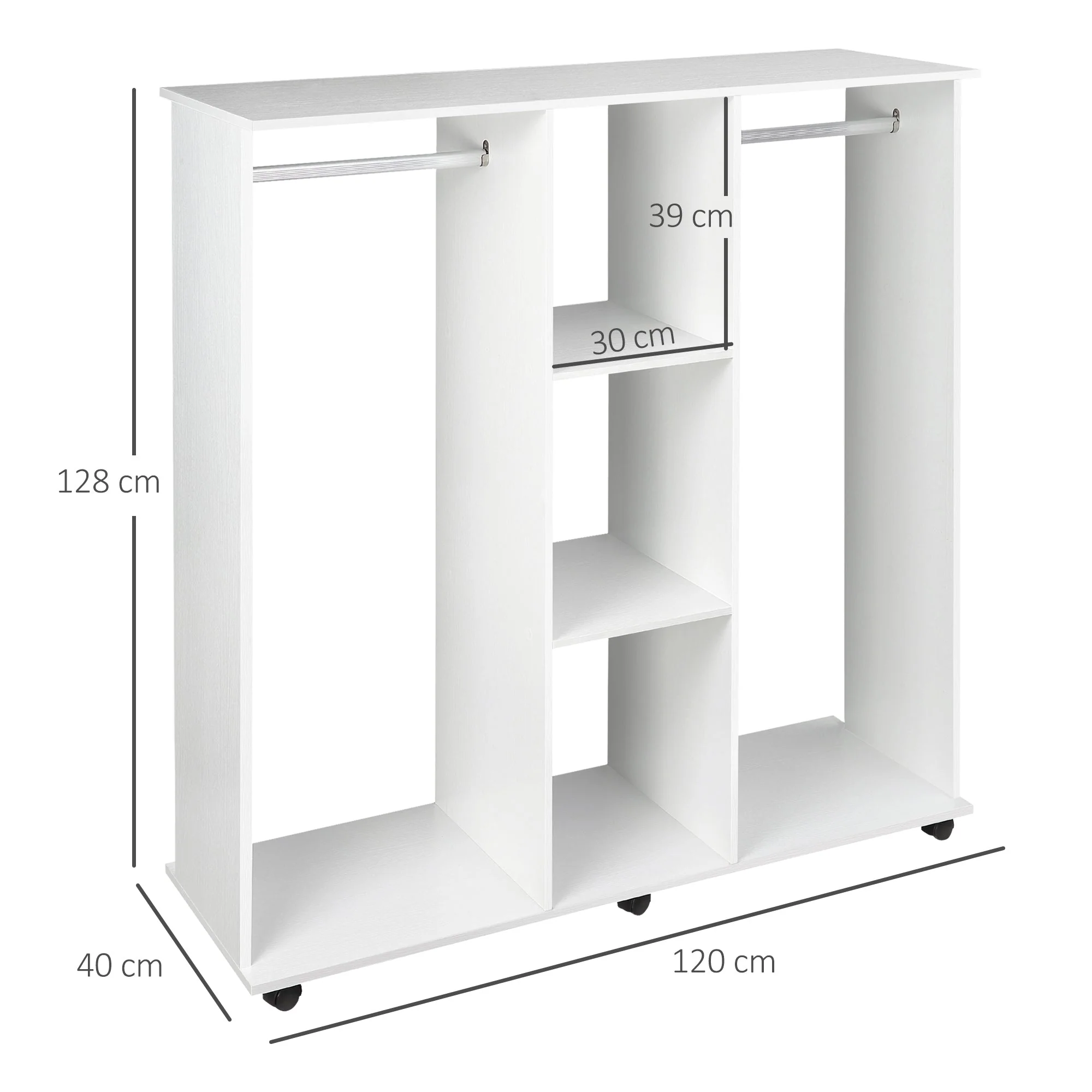 Open Wardrobe Double Mobile Storage Shelves Organizer W/6 Wheels-White - Image 3
