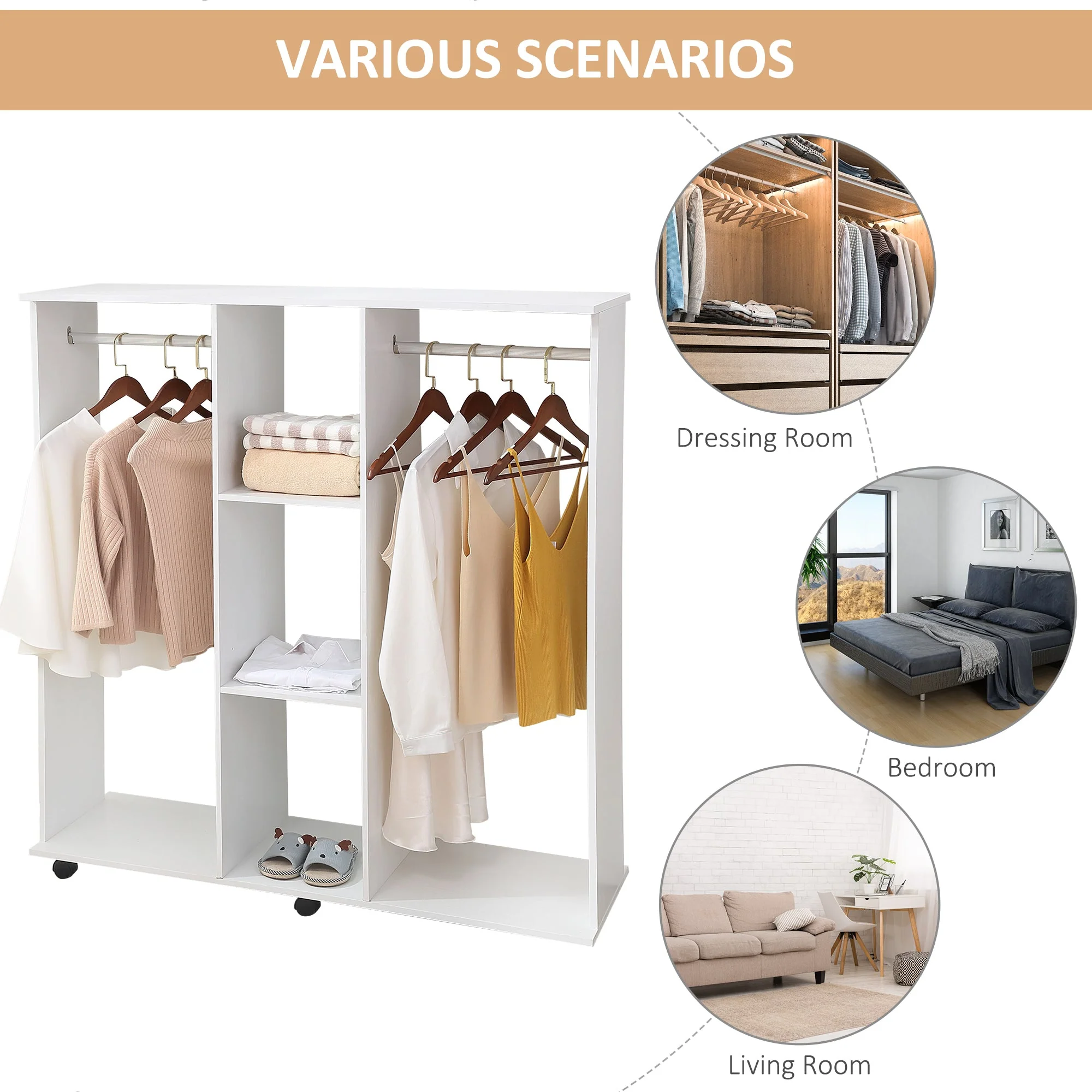 Open Wardrobe Double Mobile Storage Shelves Organizer W/6 Wheels-White - Image 5