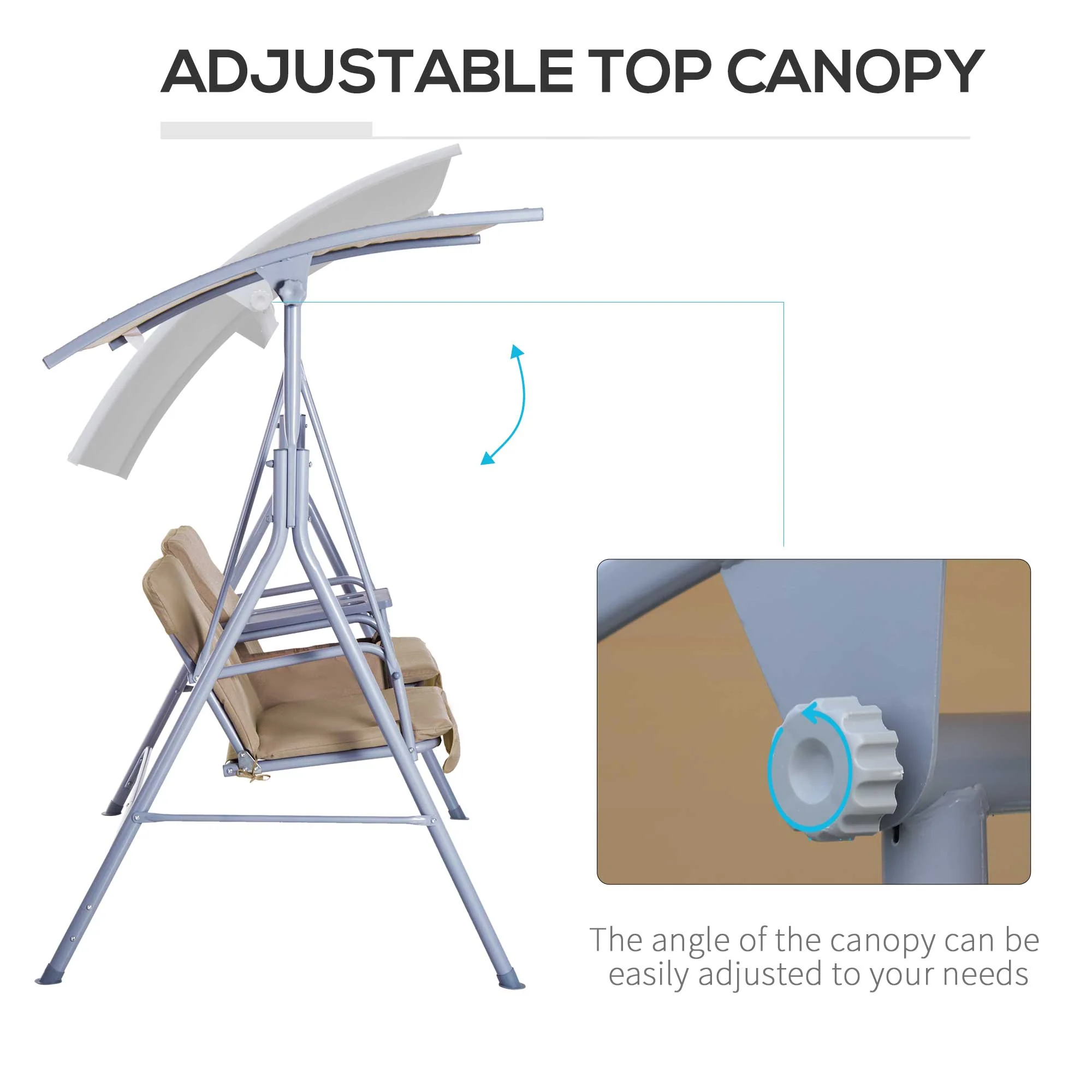 Outsunny 2 Seater Garden Swing Chair Patio Rocking Bench W/ Tilting Canopy - Image 4