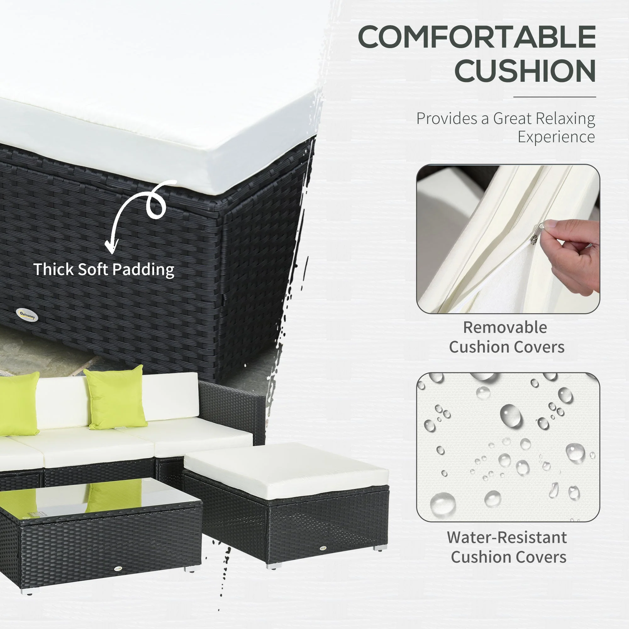 Outsunny 4-Seater Rattan Sofa Set  Garden Outdoor Sectional Sofa Coffee Table Metal Frame With cushion Pillows-Black - Image 5